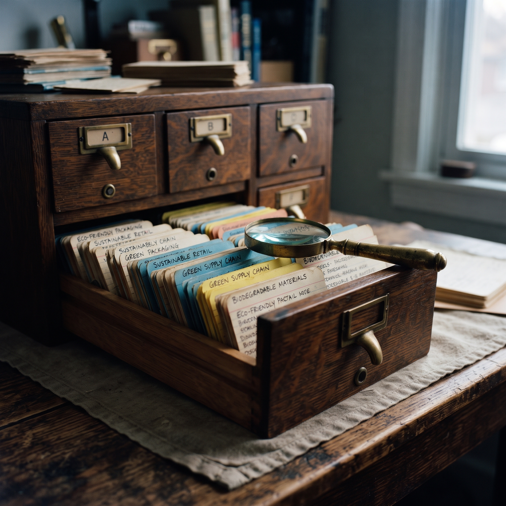 A vintage wooden card catalog cabinet with one drawer pulled open, revealing color-coded index ca... - AI Precision Marketing