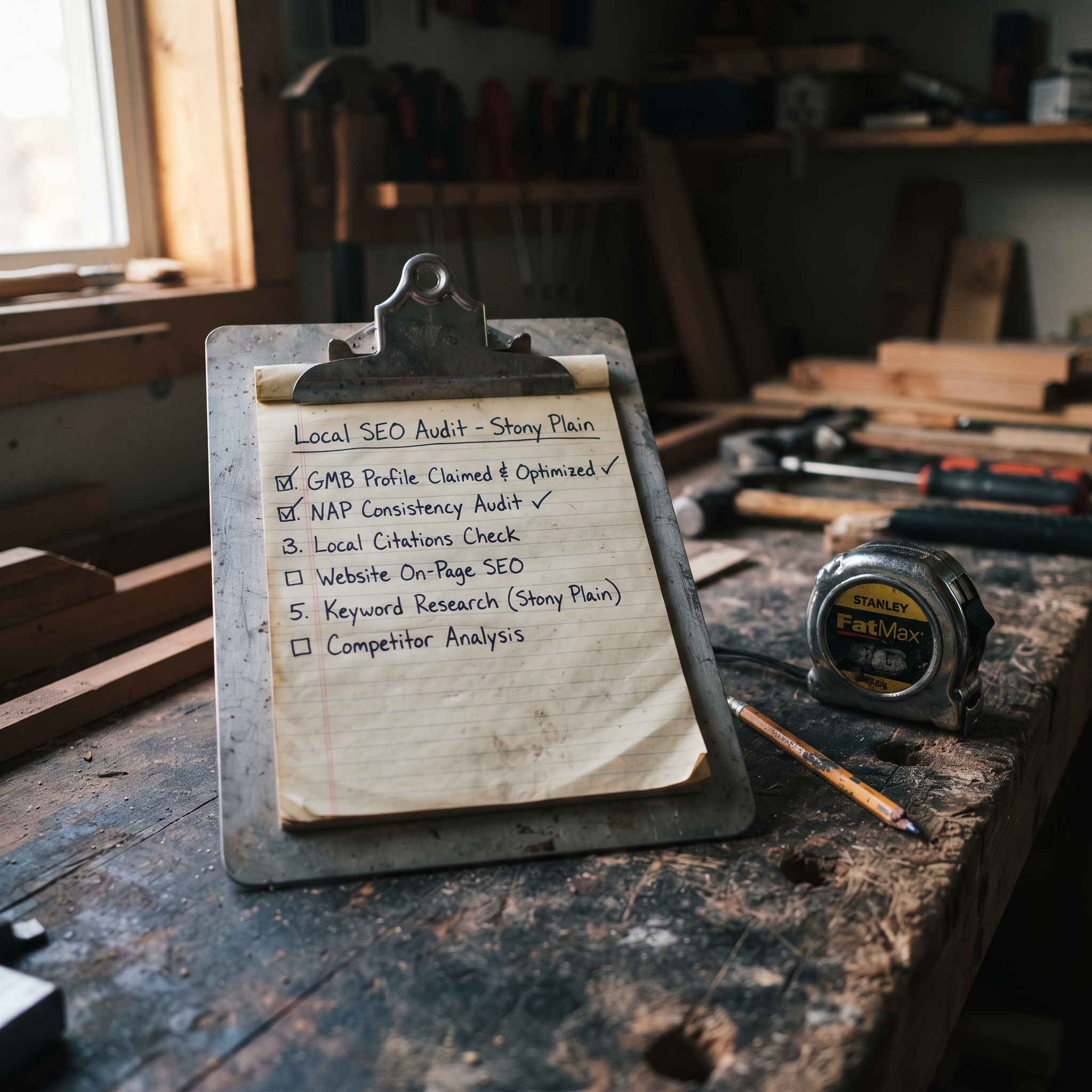 A contractor's worn aluminum clipboard with a handwritten checklist, the top line reading 'Local... - AI Precision Marketing