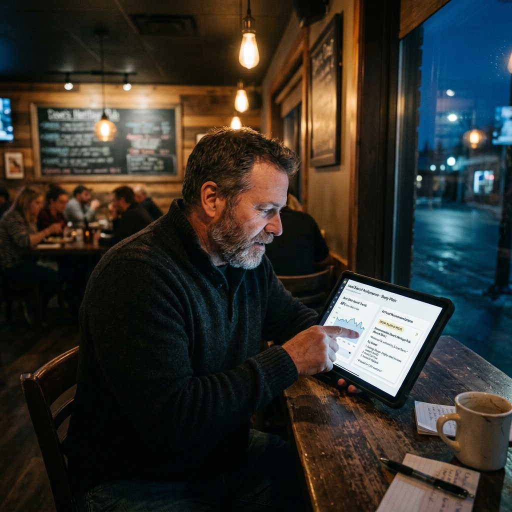 A local restaurant owner in Stony Plain reviewing analytics showing zero-click search patterns, w... - AI Precision Marketing