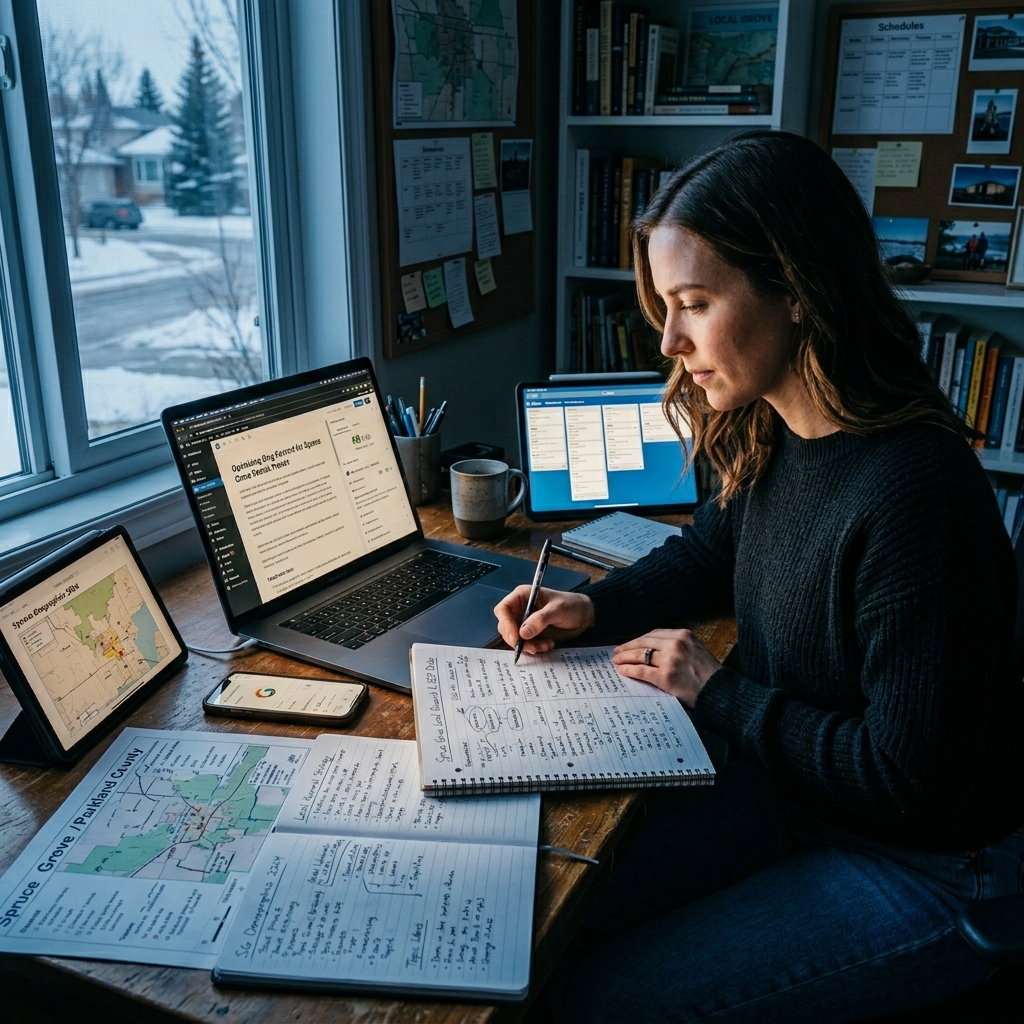 A content creator in Spruce Grove structuring blog content with AI optimization in mind, surround... - AI Precision Marketing