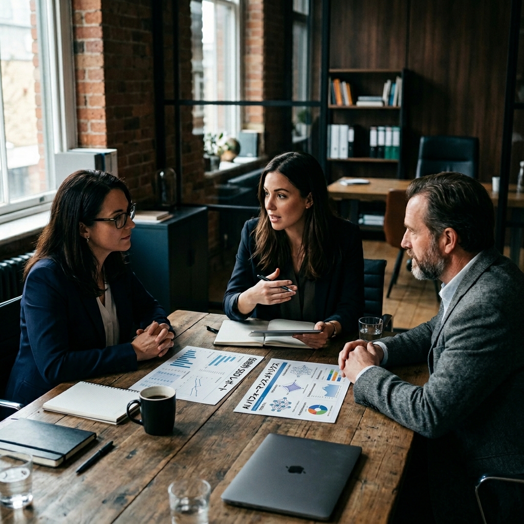 Two business owners meeting with a consultant reviewing marketing strategies, one side showing tr... - AI Precision Marketing