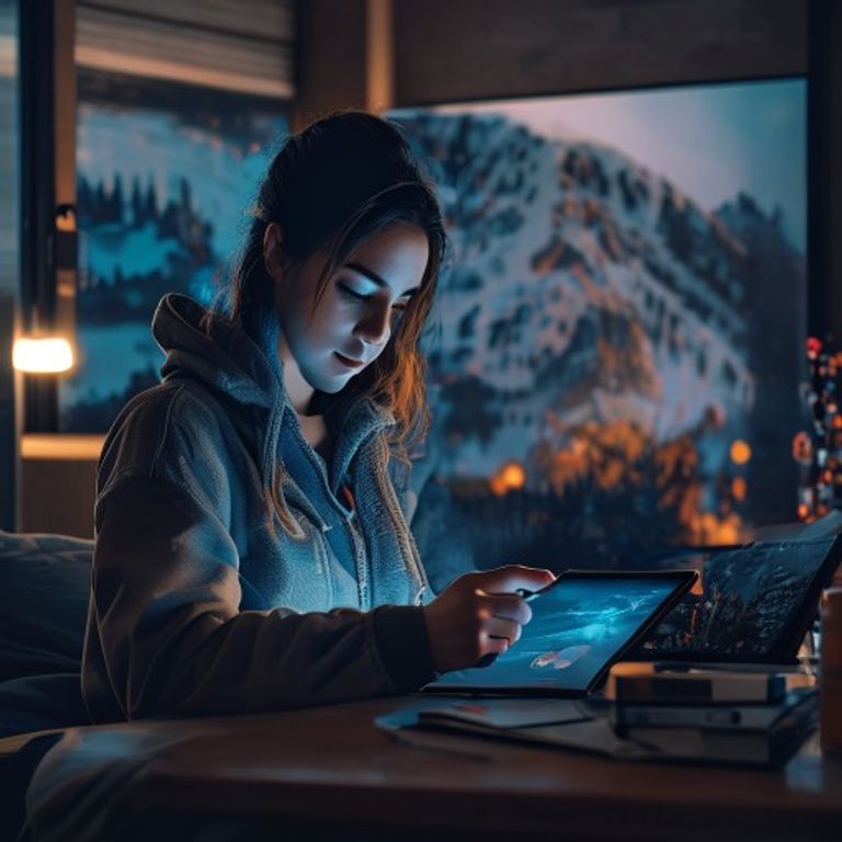A creative professional reviewing AI-generated social media content on a tablet, with Alberta-ins... - AI Precision Marketing