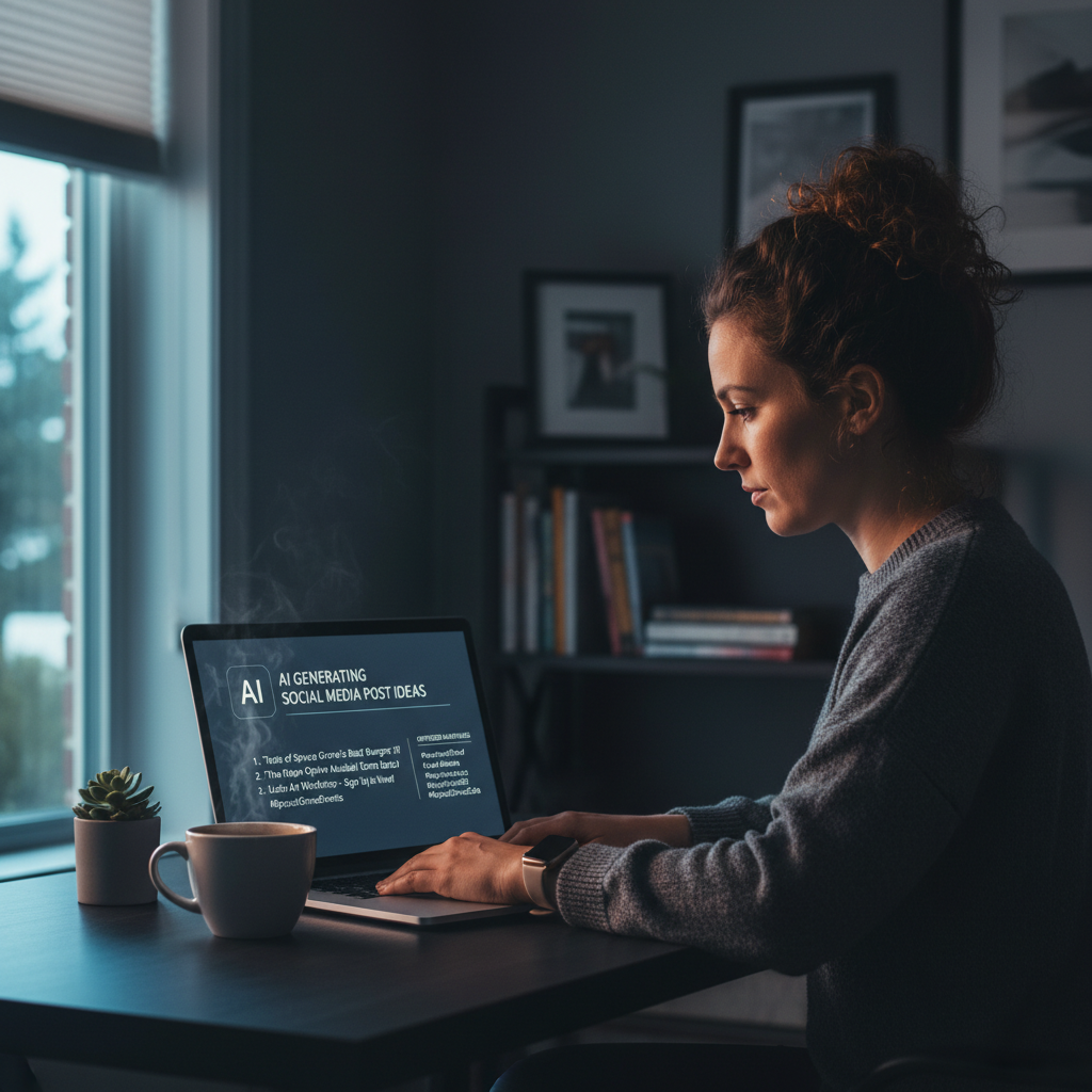 A marketing specialist working on a laptop, a screen showing AI generating social media post idea... - AI Precision Marketing