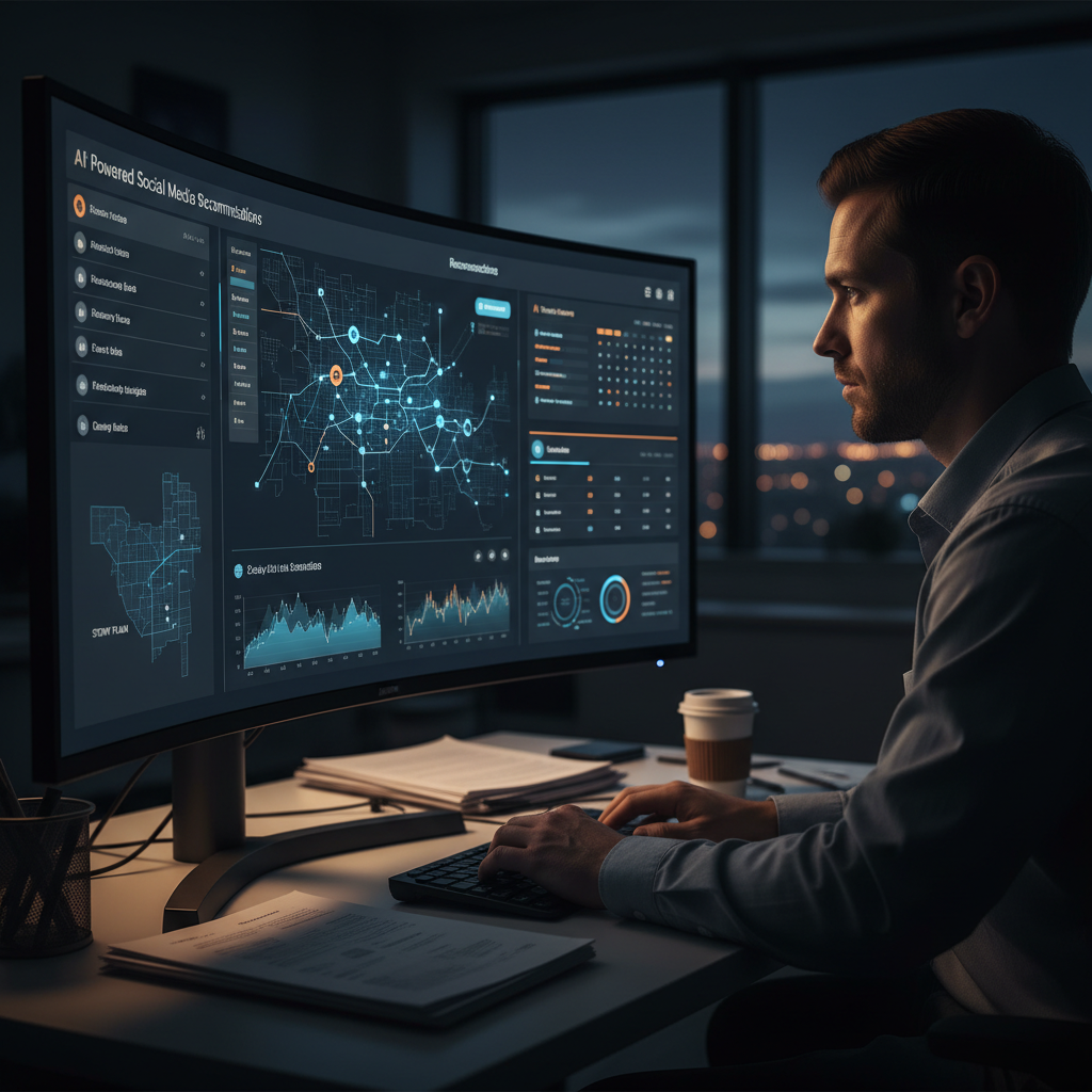 A person reviewing a digital dashboard on a large monitor, showing social media scheduling recomm... - AI Precision Marketing
