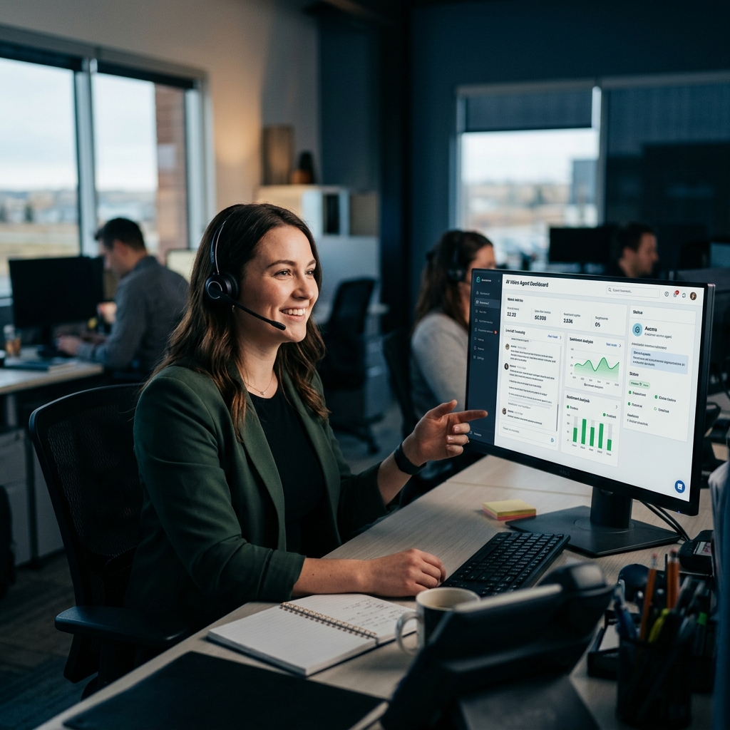 A smiling customer service representative in a modern Stony Plain office speaking with confidence... - AI Precision Marketing