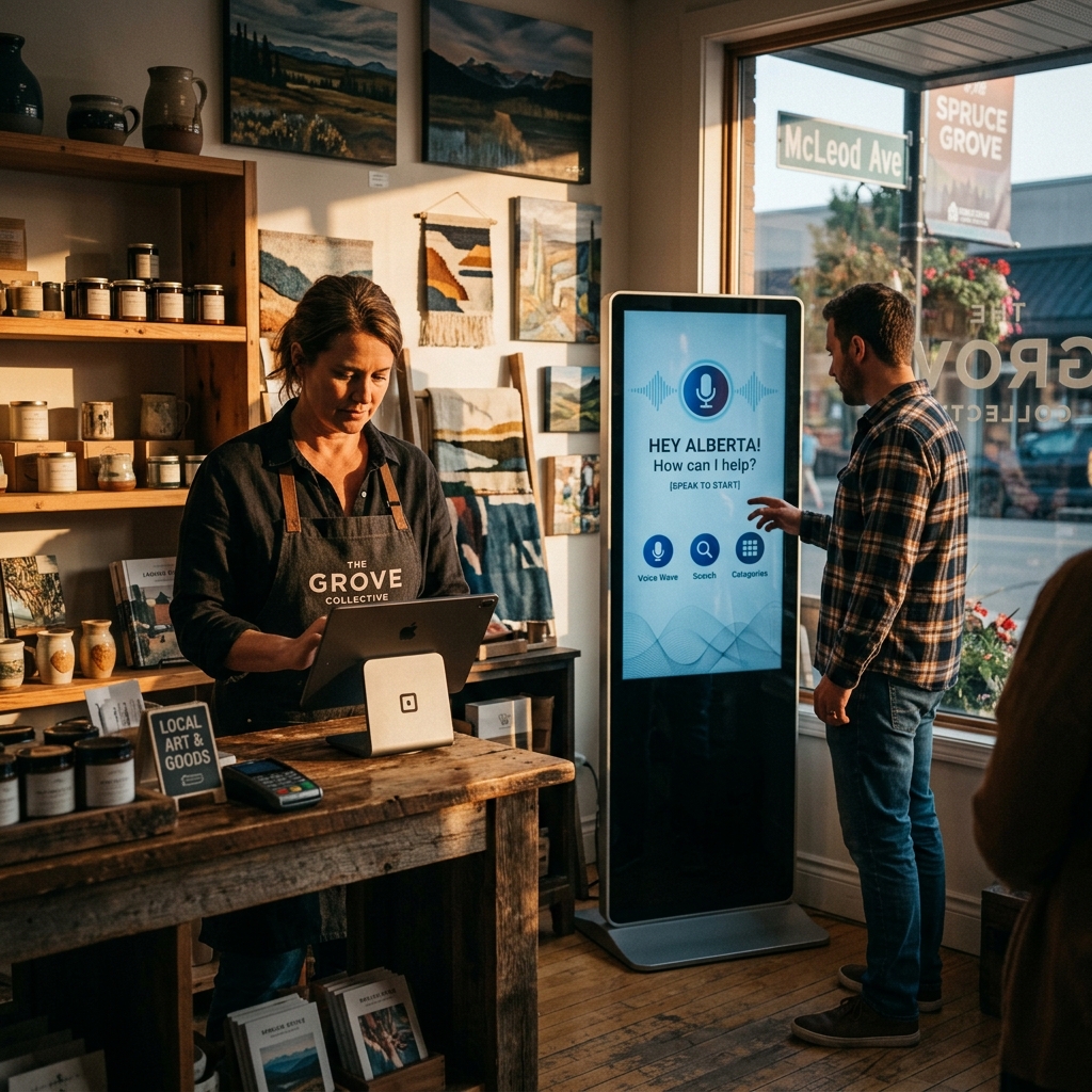 A business owner in a Spruce Grove storefront looking at their tablet while a customer interacts... - AI Precision Marketing