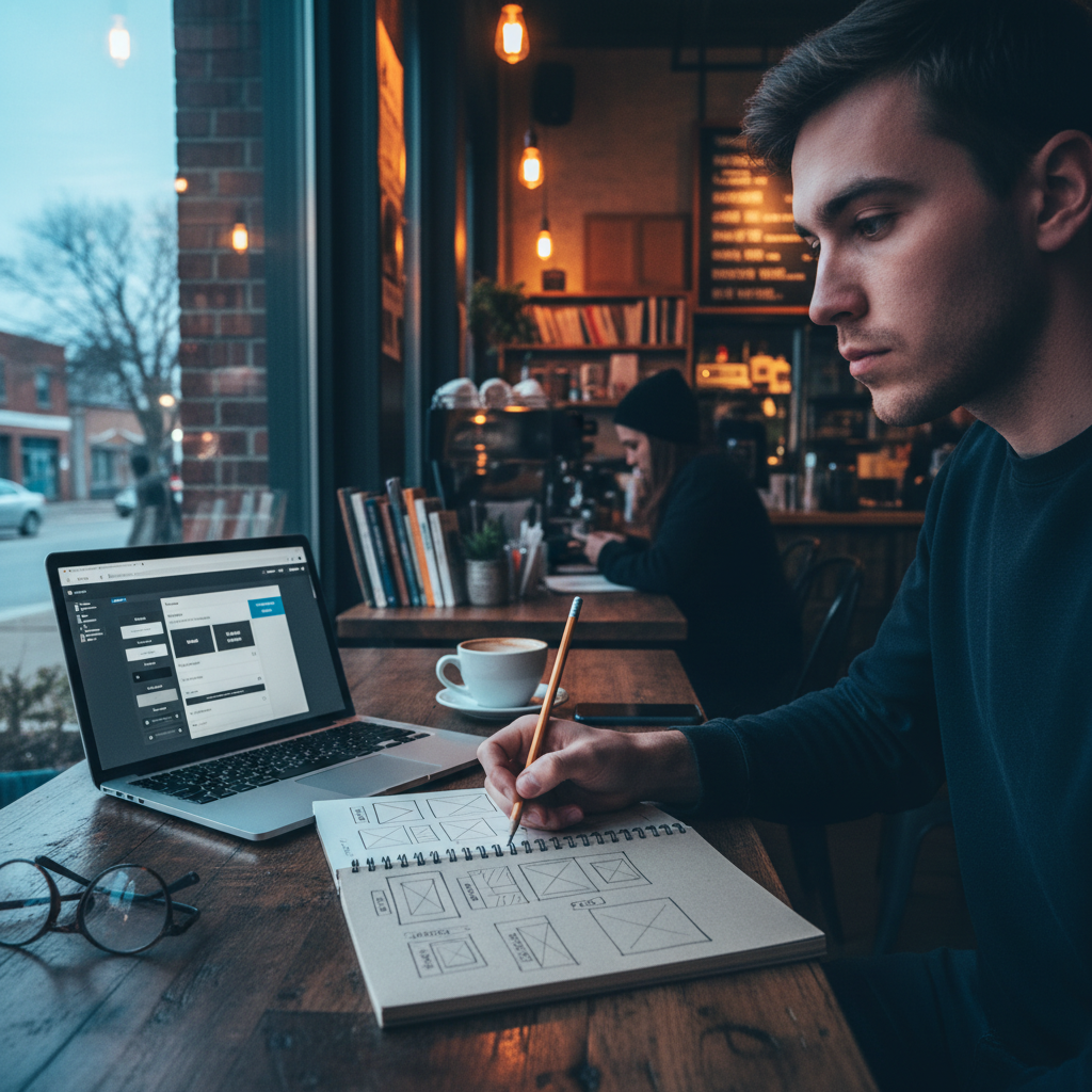 A young entrepreneur at a local coffee shop in Spruce Grove, sketching out a simple website layou... - AI Precision Marketing
