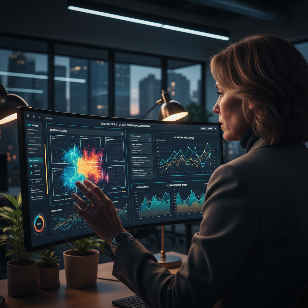 A close-up over the shoulder of a business owner in an Edmonton office analyzing a dynamic dashbo... - AI Precision Marketing