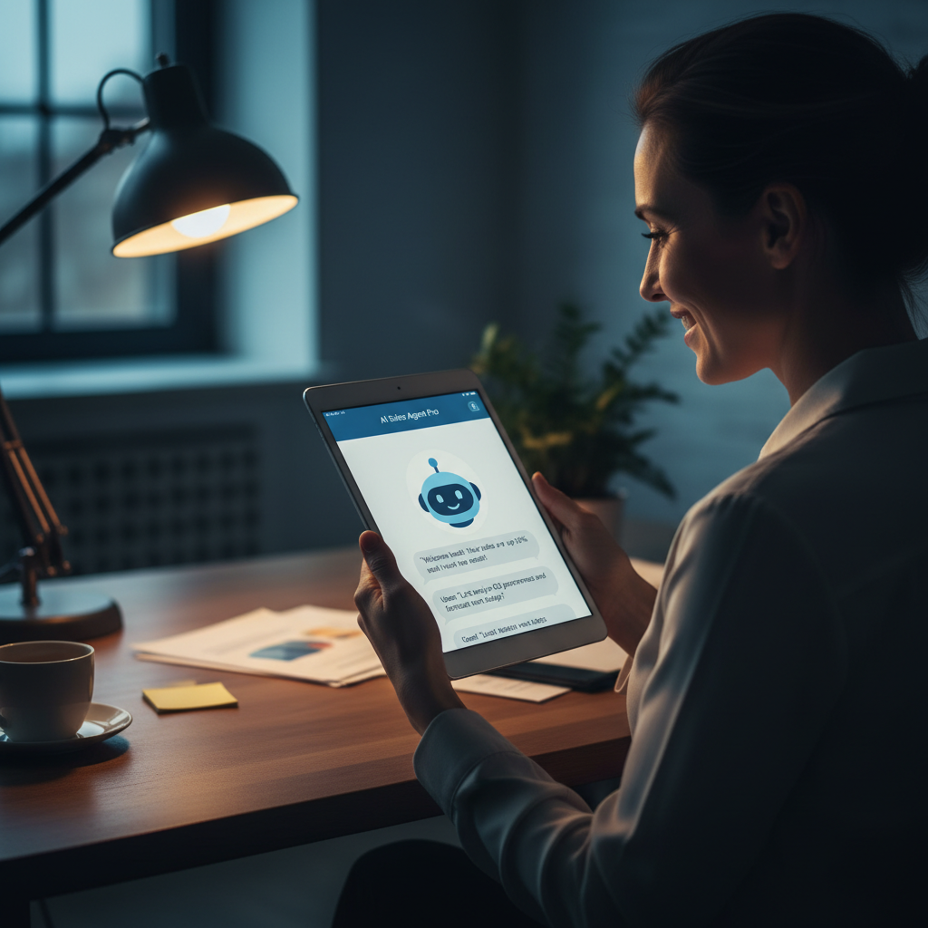 A professional AI sales agent chatbot interface displayed on a tablet held by a small business ow... - AI Precision Marketing