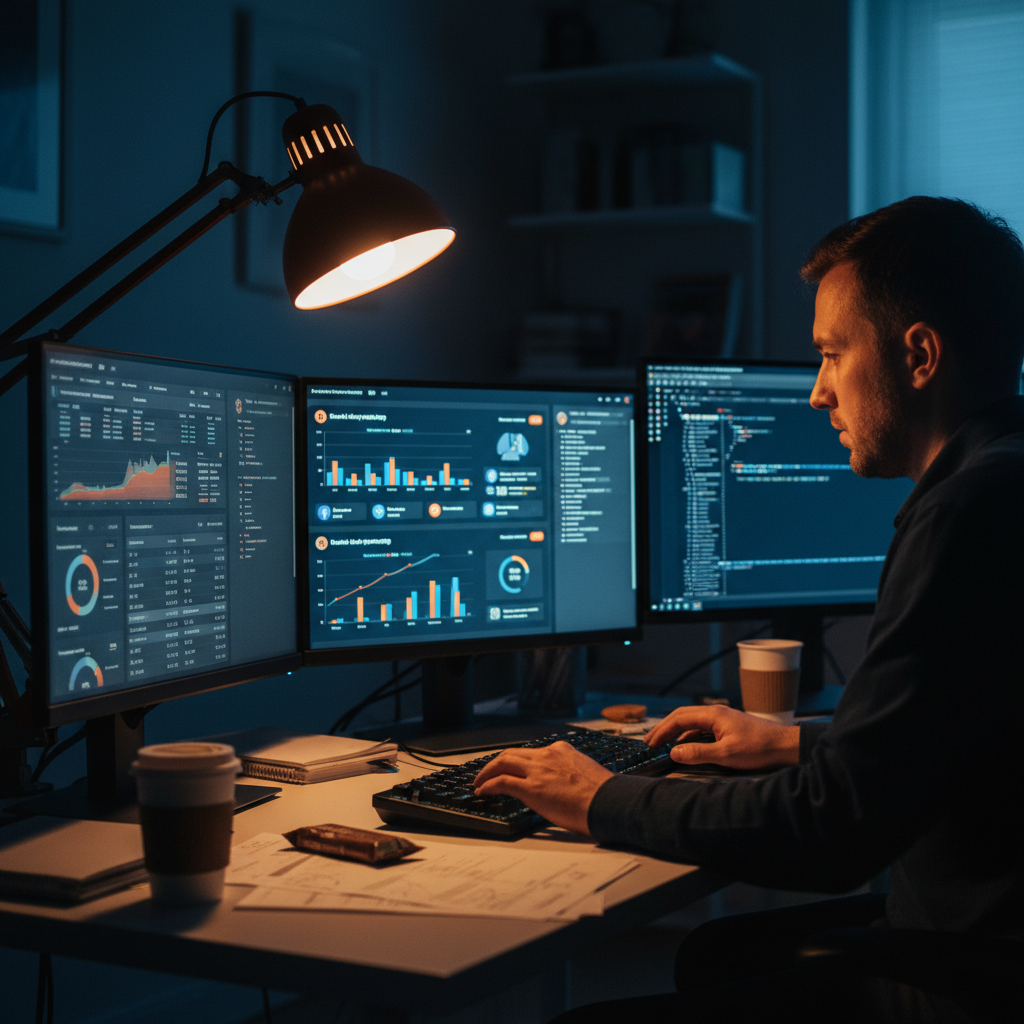 A person looking at multiple screens in a dimly lit home office, one screen showing complex data... - AI Precision Marketing