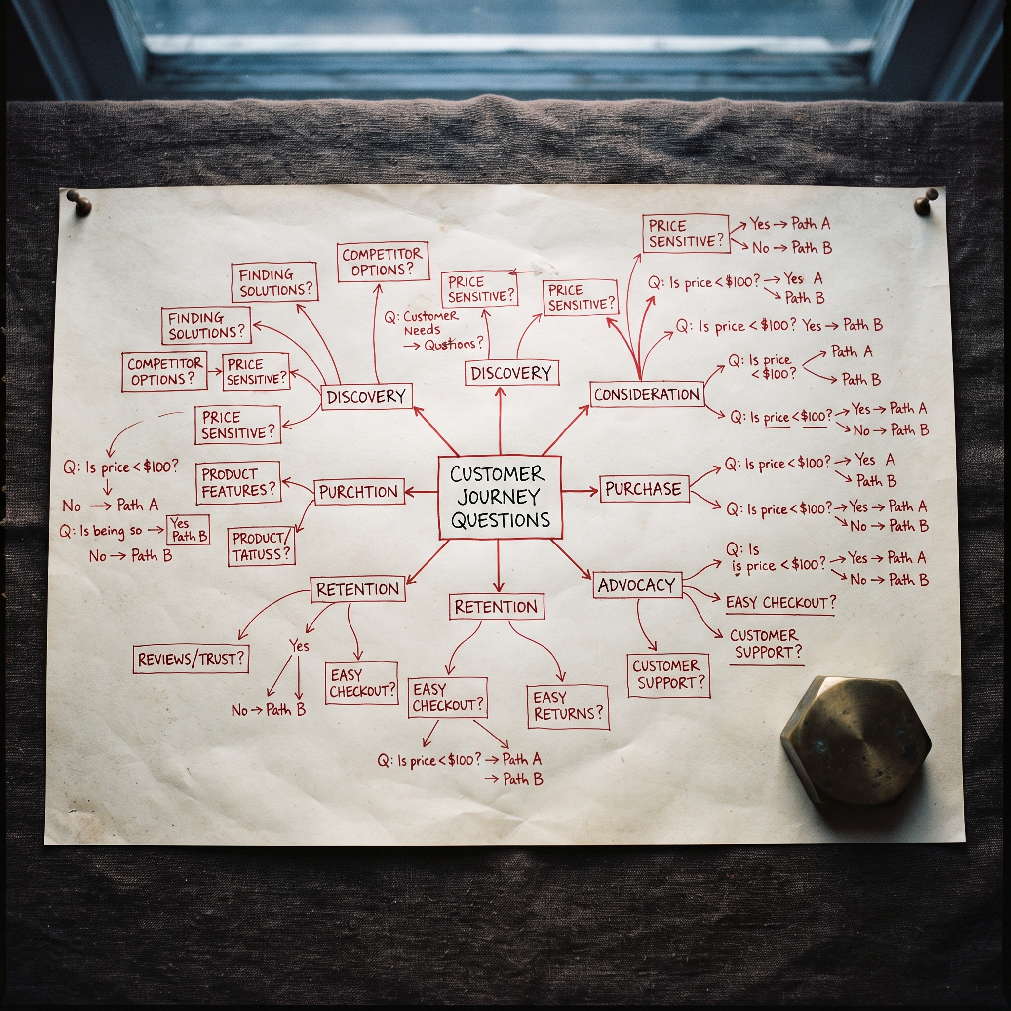 A detailed hand-drawn mind map on large cream drafting paper, showing branching customer question... - AI Precision Marketing