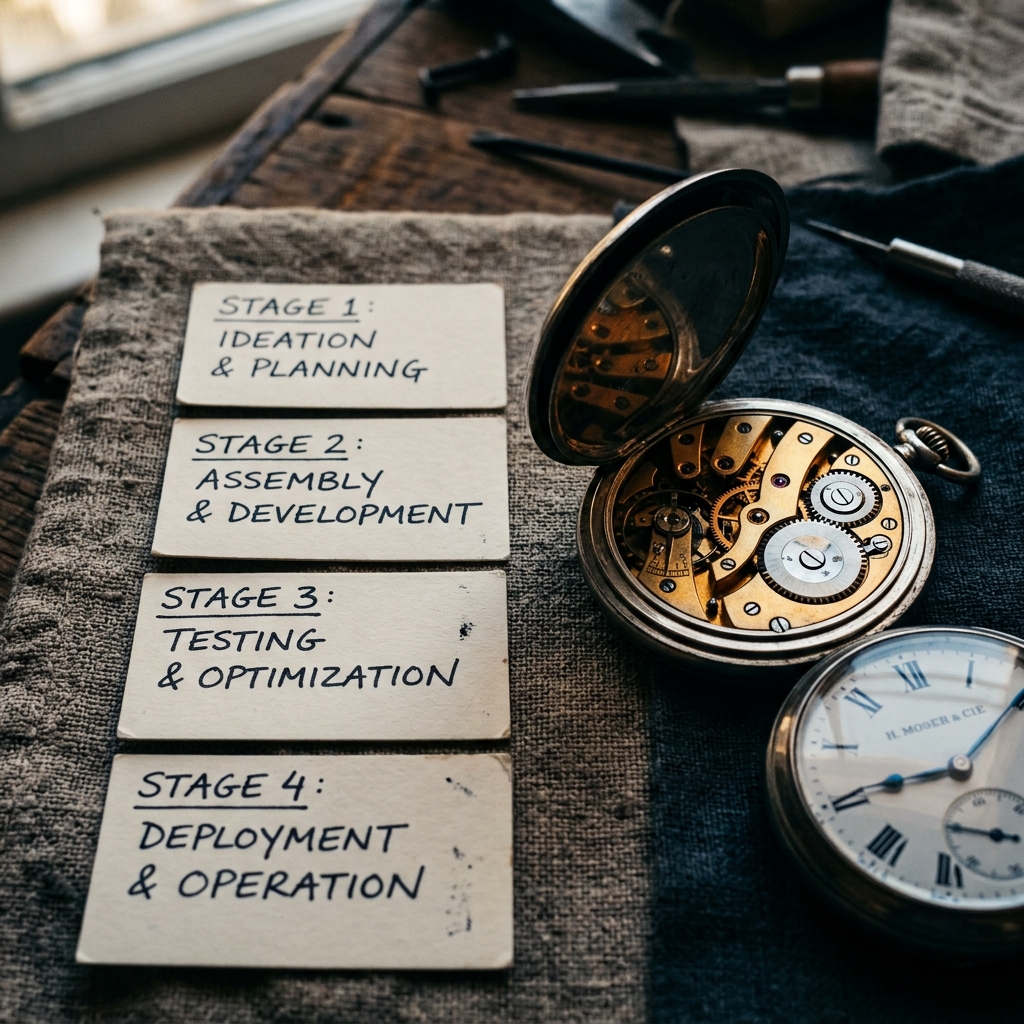 A close-up of a mechanical pocket watch lying open on a linen surface beside four neatly arranged... - AI Precision Marketing