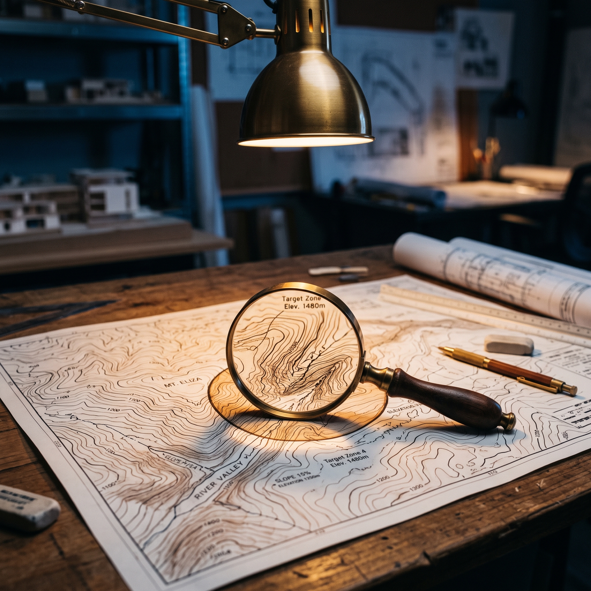 An architect's drafting table with a contoured topographic map spread flat, a brass magnifying gl... - AI Precision Marketing