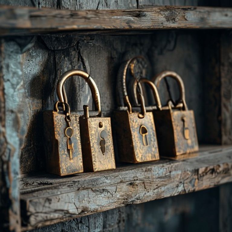 Three old brass padlocks lined up on a weathered wooden shelf, one of them open and hanging off i... - AI Precision Marketing