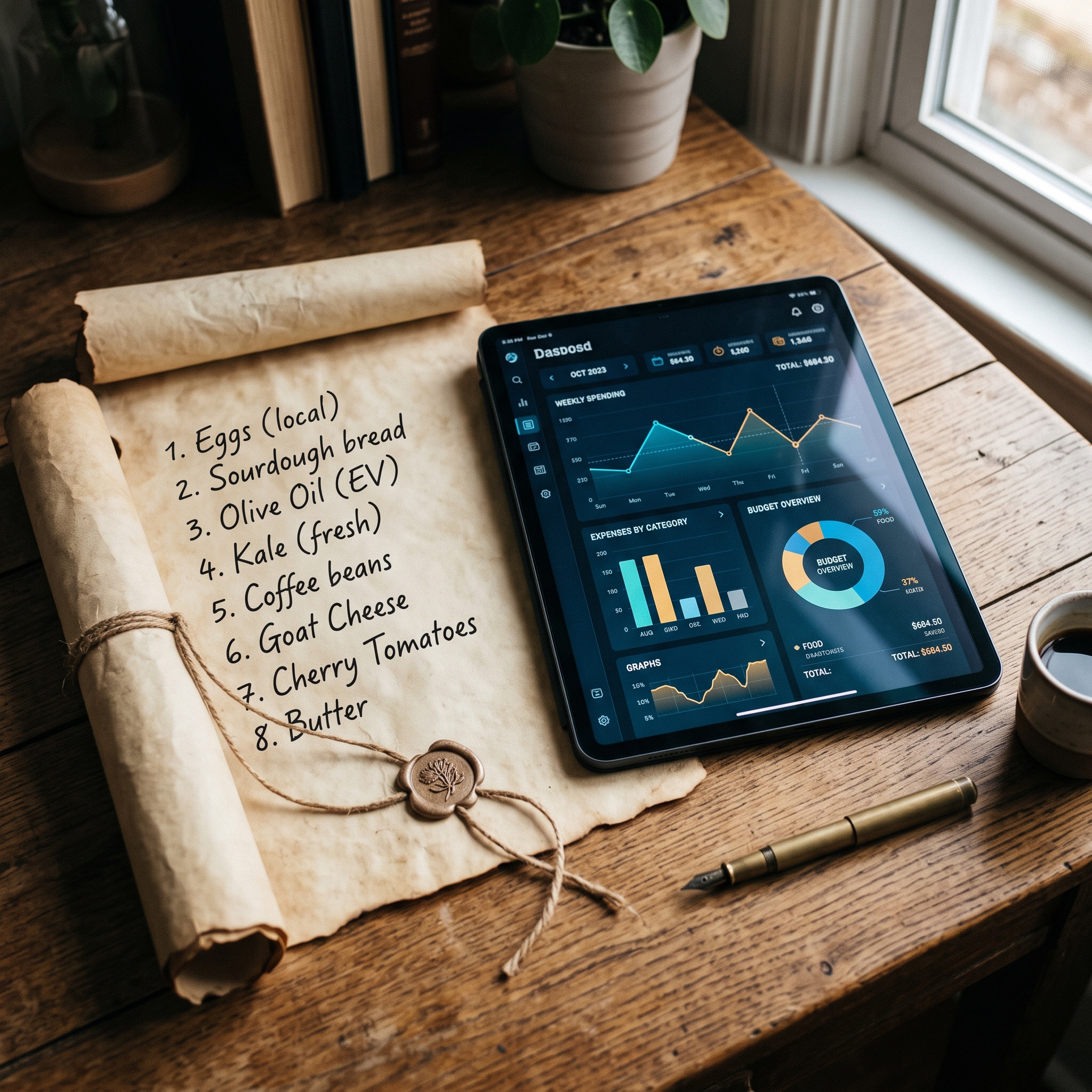 A rolled parchment with handwritten grocery list items beside a sleek tablet displaying a data da... - AI Precision Marketing