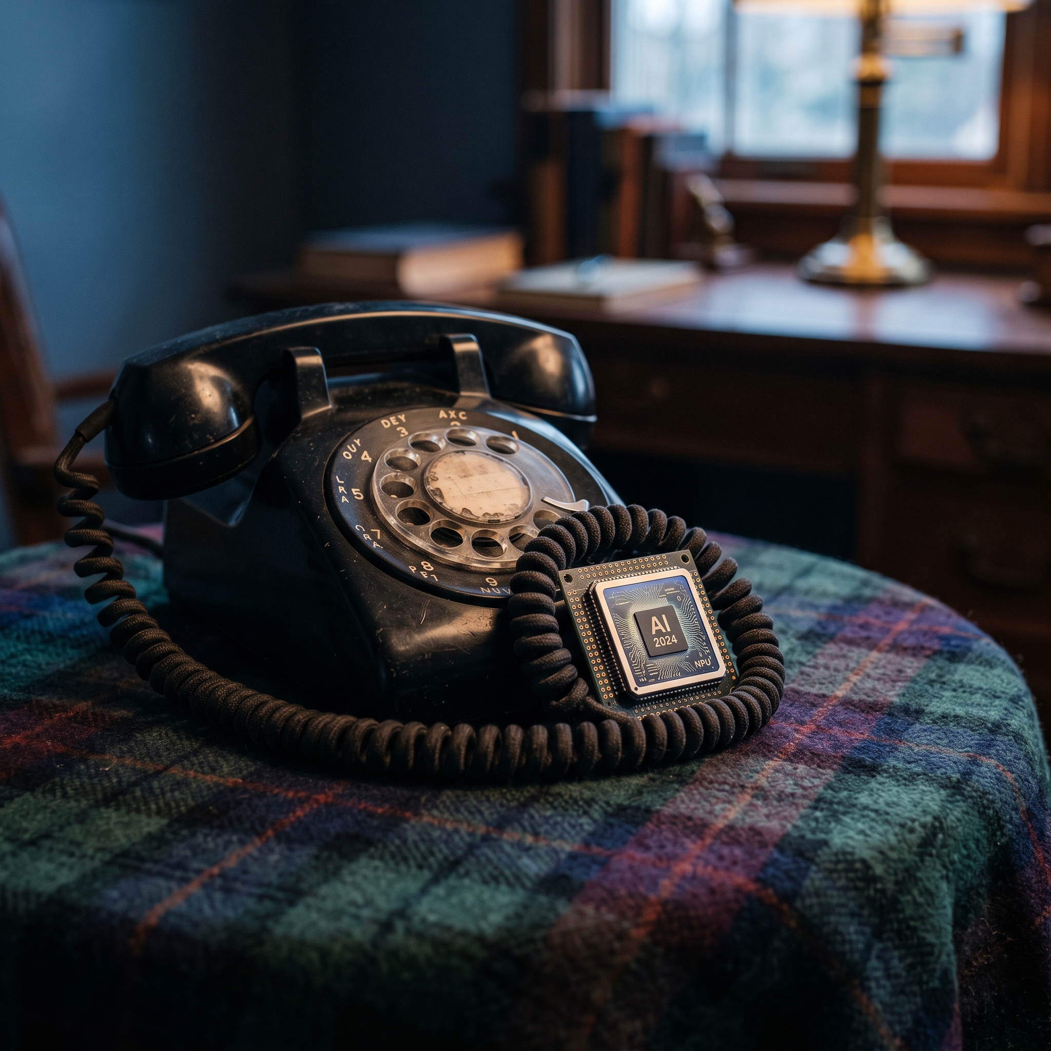 A vintage rotary phone with its cord coiled around a modern AI chip, placed on a plaid tablecloth... - AI Precision Marketing