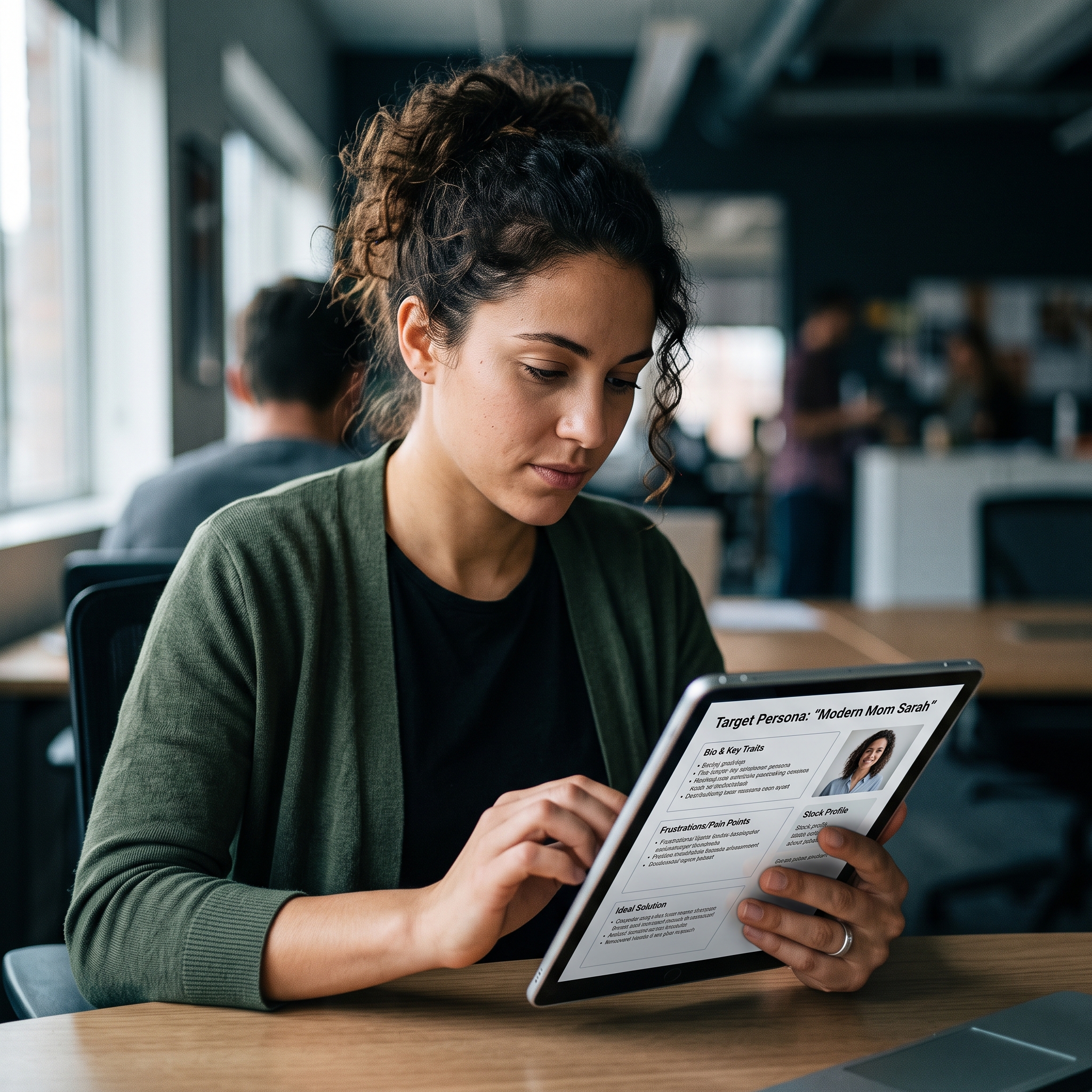 A person holding a tablet with a customer persona template open on it - AI Precision Marketing