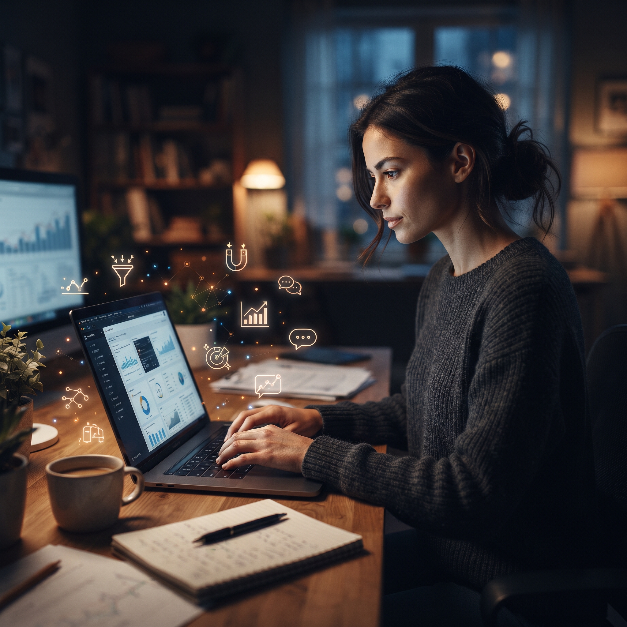 A person sitting at a desk with a laptop open, surrounded by various AI-powered lead generation t... - AI Precision Marketing