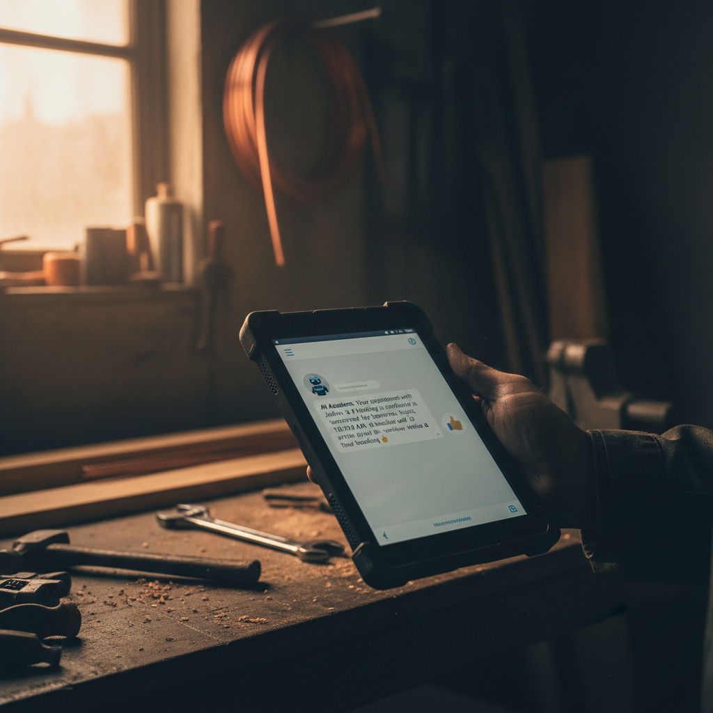 A close-up photograph of a tradesperson's tablet screen in a workshop setting. The screen shows a... - AI Precision Marketing