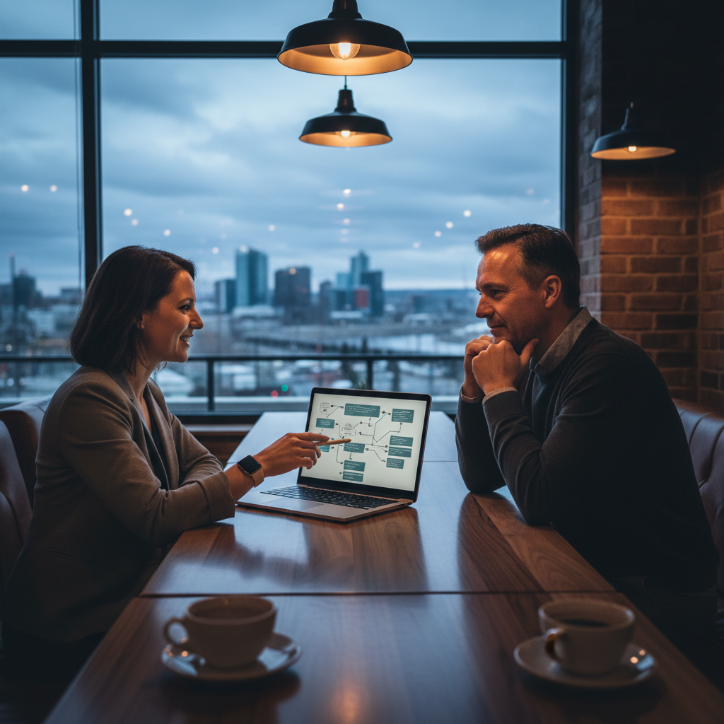 Two people, an AI consultant and a small business owner, collaborating at a table in a modern Edm... - AI Precision Marketing