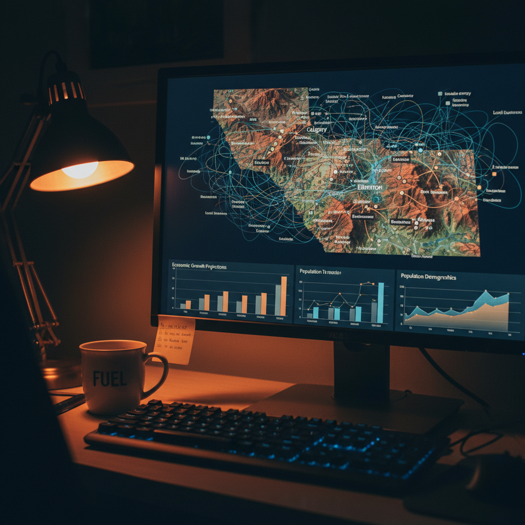 Close-up shot of a monitor in a dimly lit office. The screen displays complex data visualizations... - AI Precision Marketing