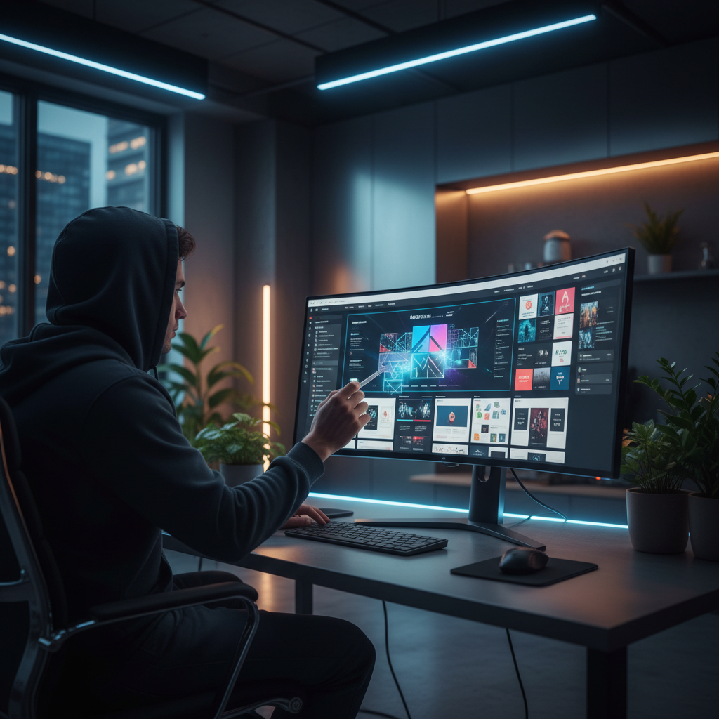 A web designer sits at a large curved monitor in a modern, clean office. On the screen, an AI int... - AI Precision Marketing