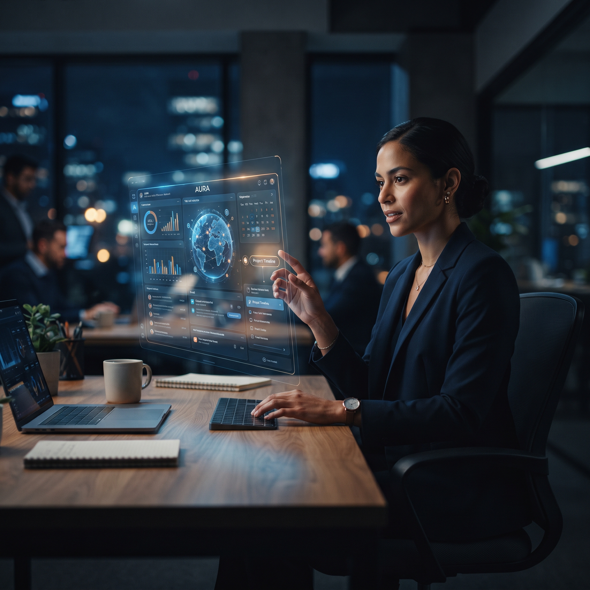 A futuristic illustration of an AI-powered virtual assistant, highlighting its various features a... - AI Precision Marketing