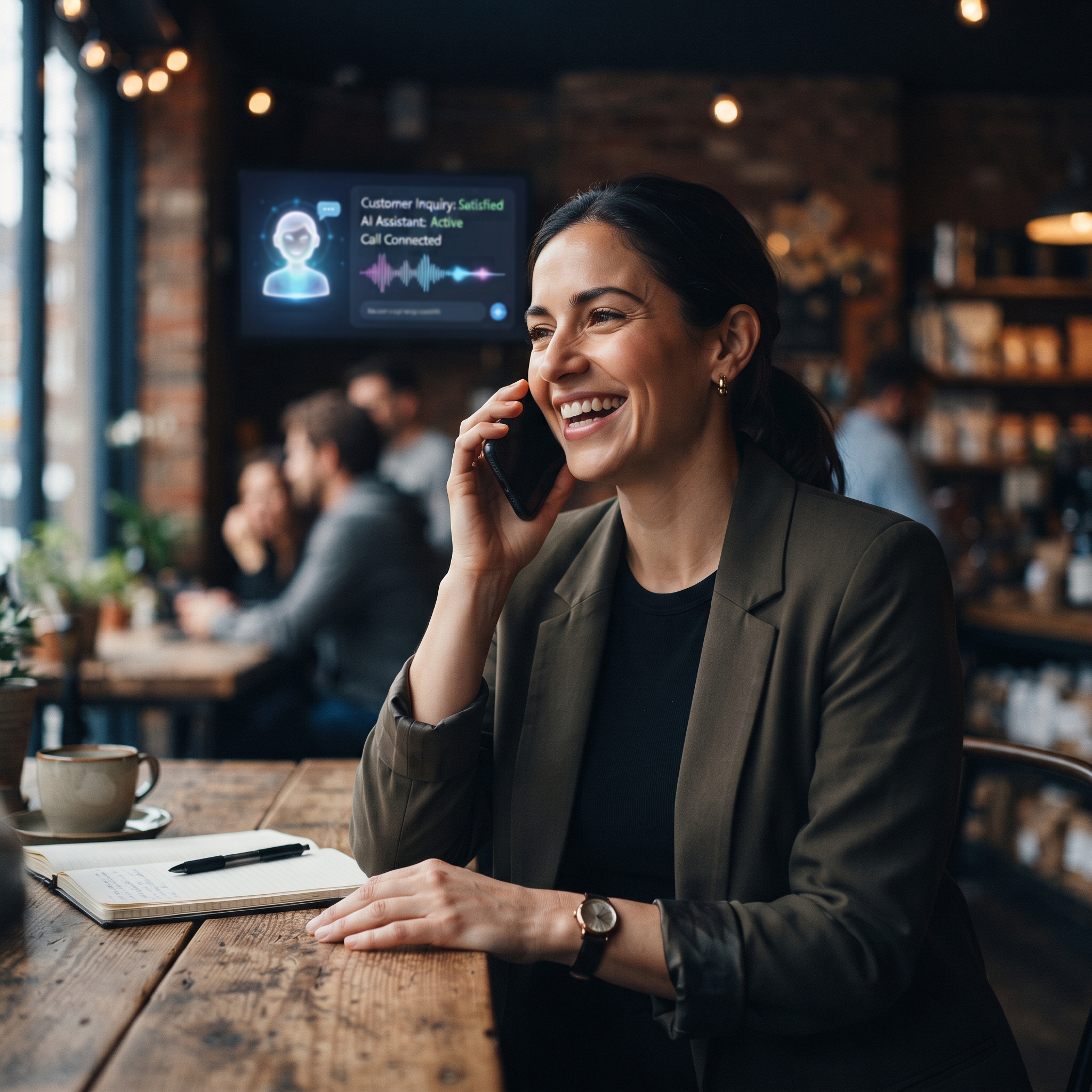 A business owner speaking with a satisfied customer over the phone, with an AI-powered virtual as... - AI Precision Marketing