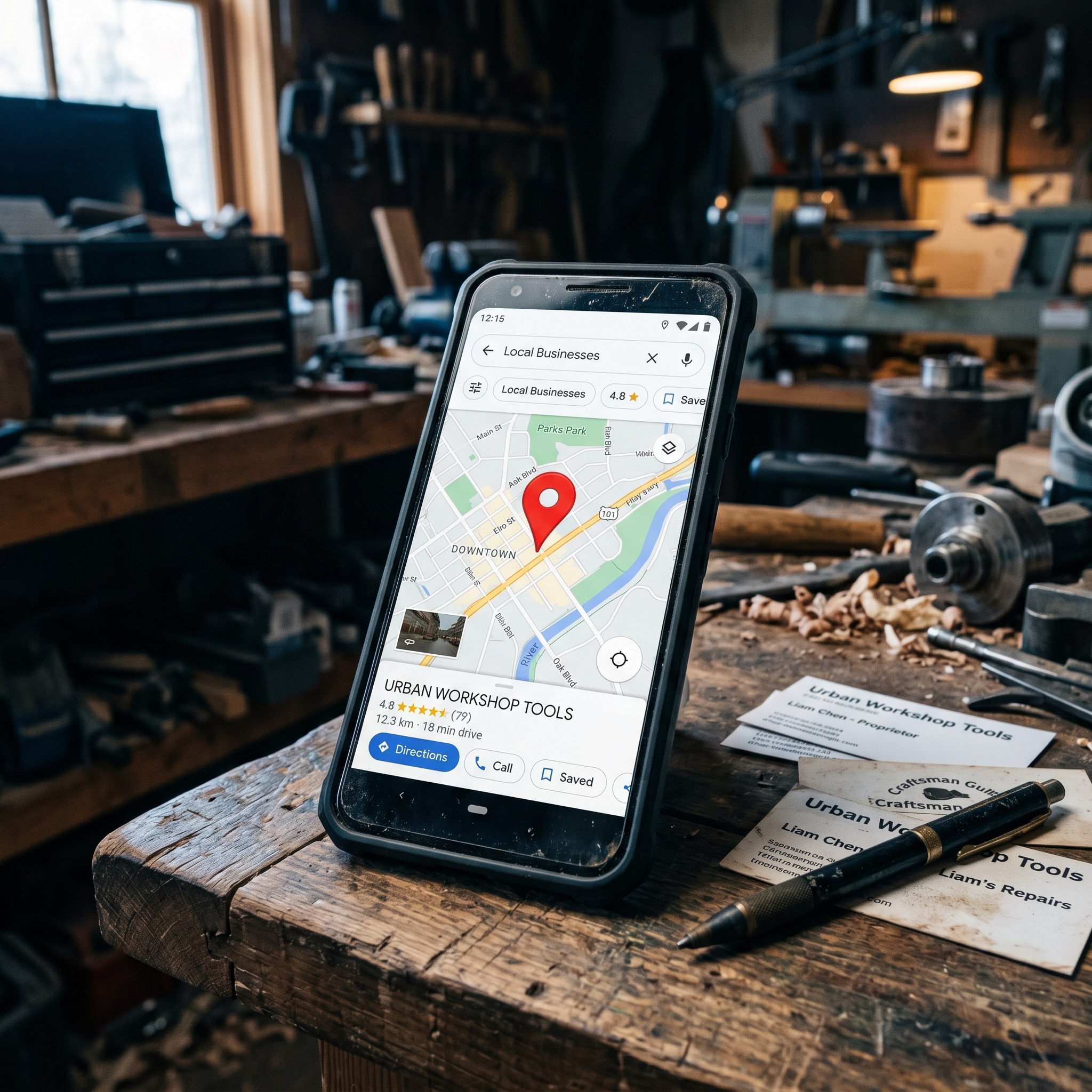 A smartphone screen displaying a Google Business Profile map interface, positioned on a workbench... - AI Precision Marketing