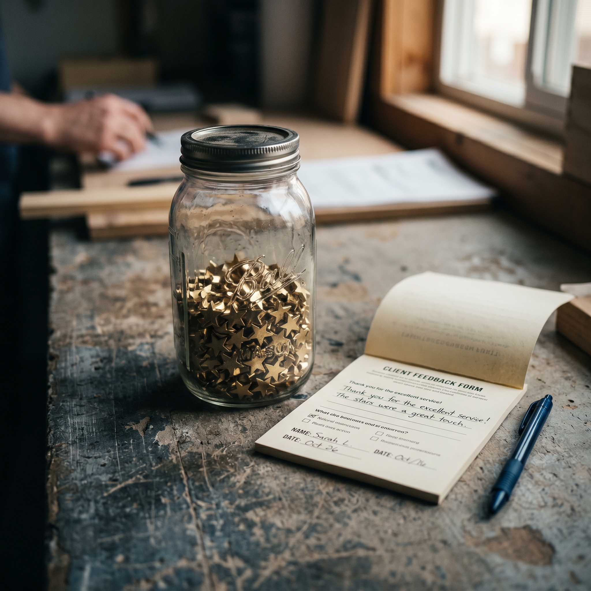 A glass jar filled with gold stars, positioned on weathered concrete surface next to an open feed... - AI Precision Marketing