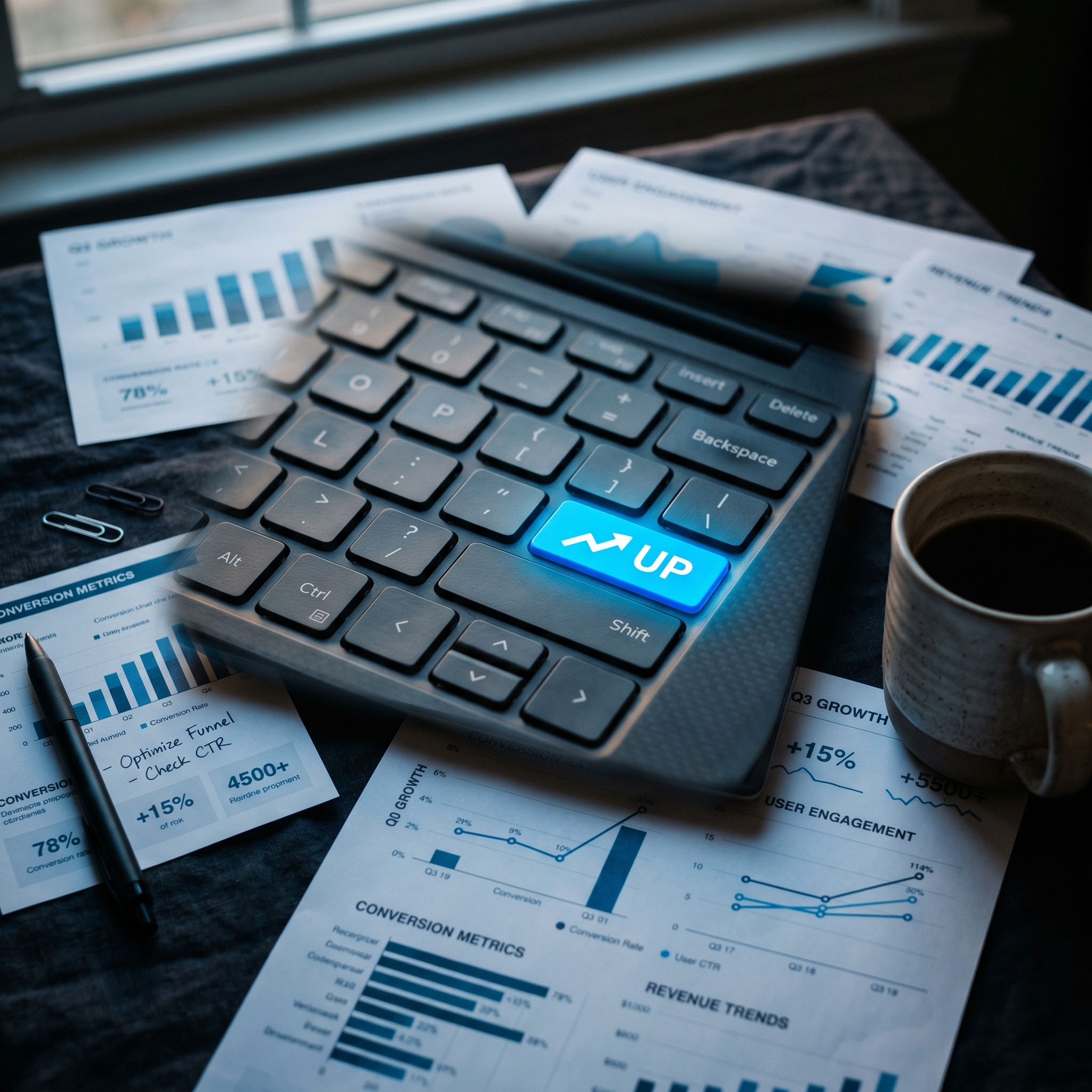 A laptop keyboard with one key highlighted in bright blue and labeled with an upward-trending arr... - AI Precision Marketing