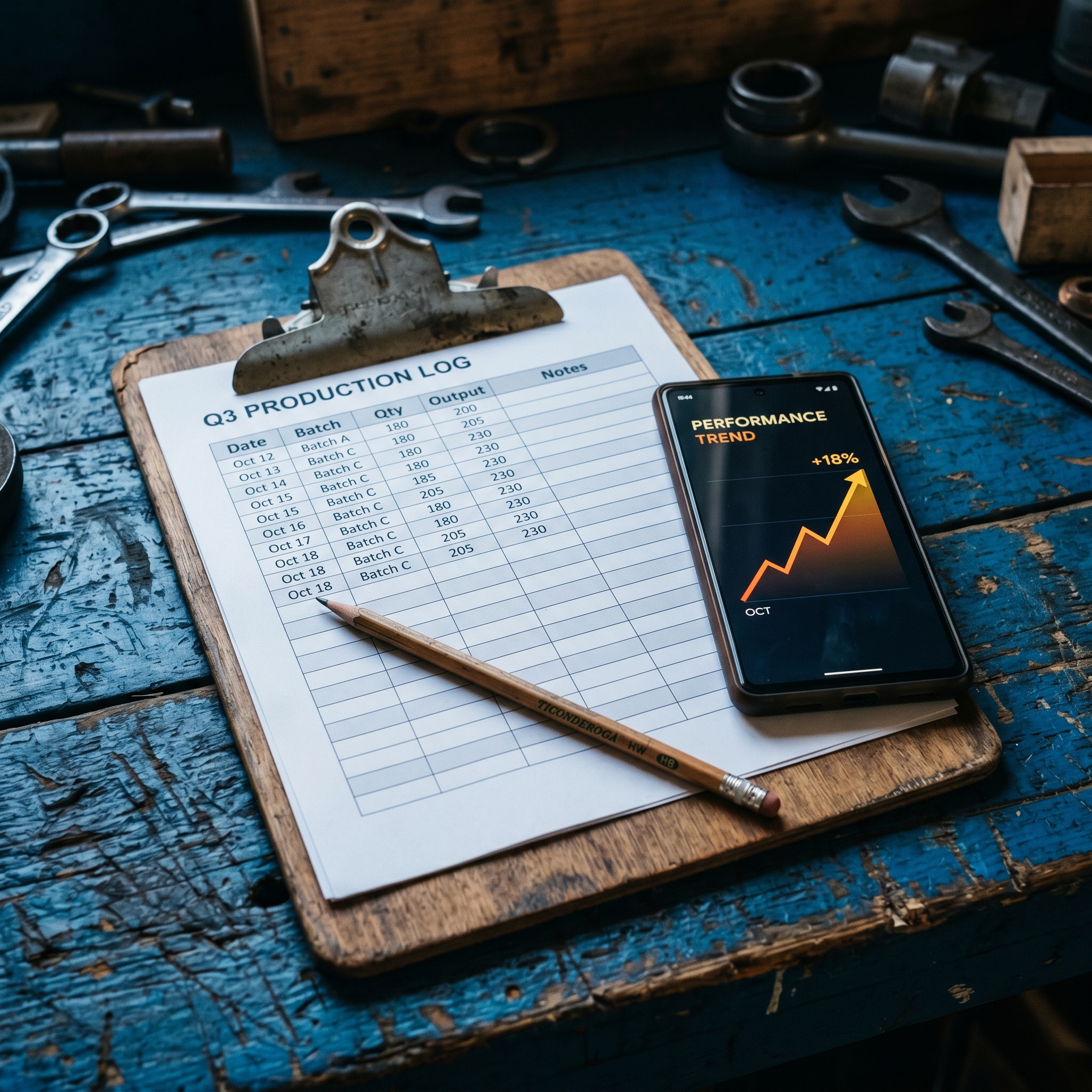 A wooden clipboard with a printed spreadsheet clipped to it, next to a smartphone displaying a li... - AI Precision Marketing
