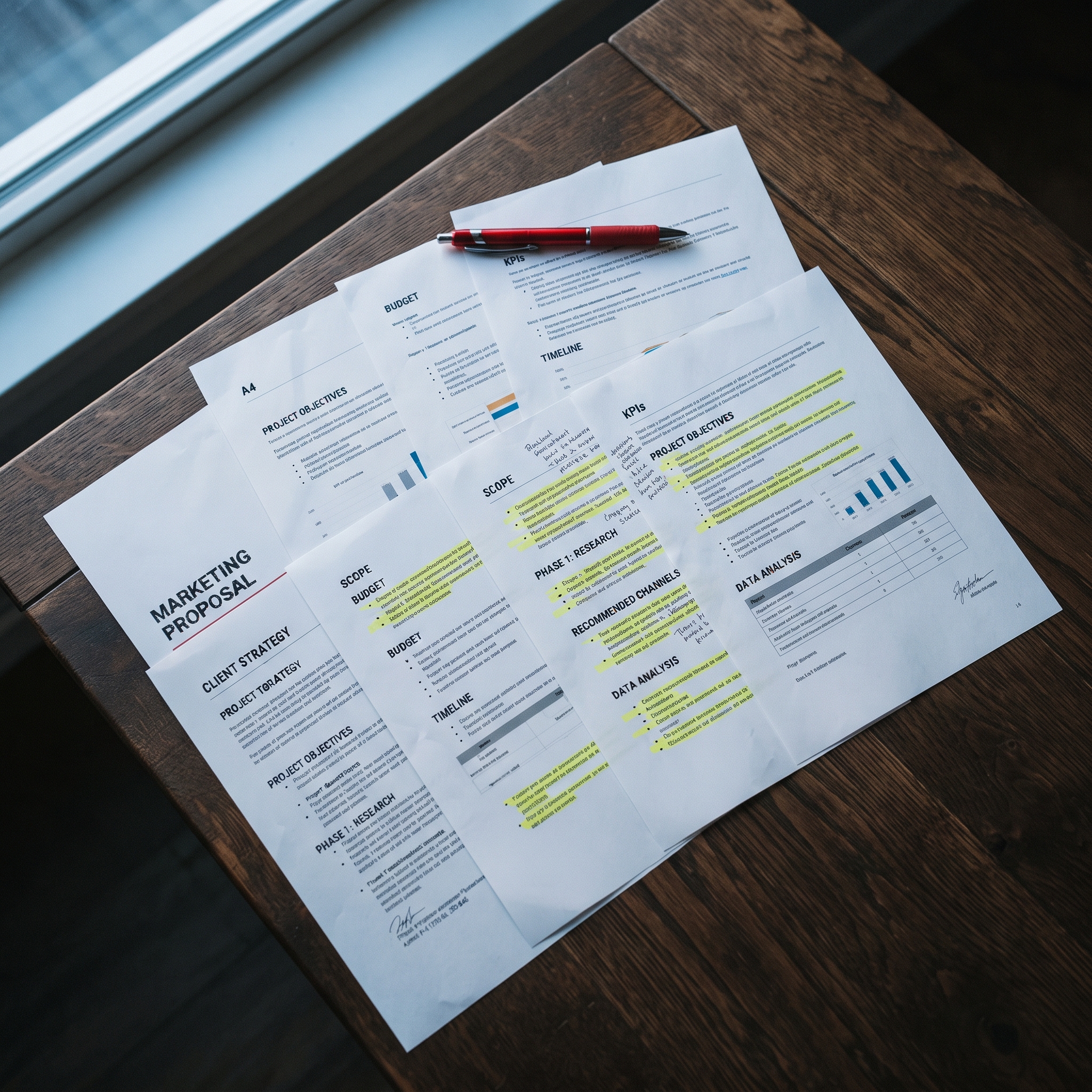 A row of printed marketing proposal documents fanned out on a raw oak table, several pages highli... - AI Precision Marketing