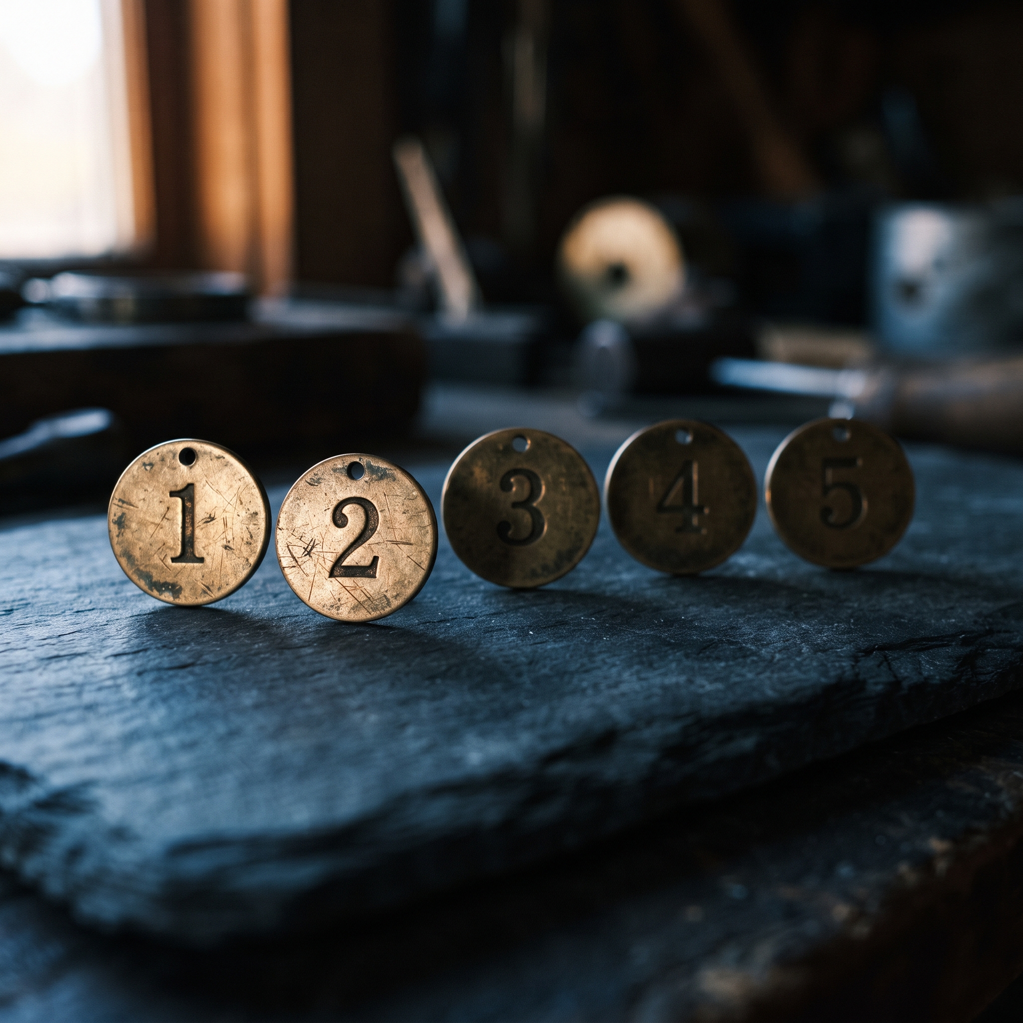 Five brass numbered tokens arranged in a precise line on a dark slate surface, each catching shar... - AI Precision Marketing