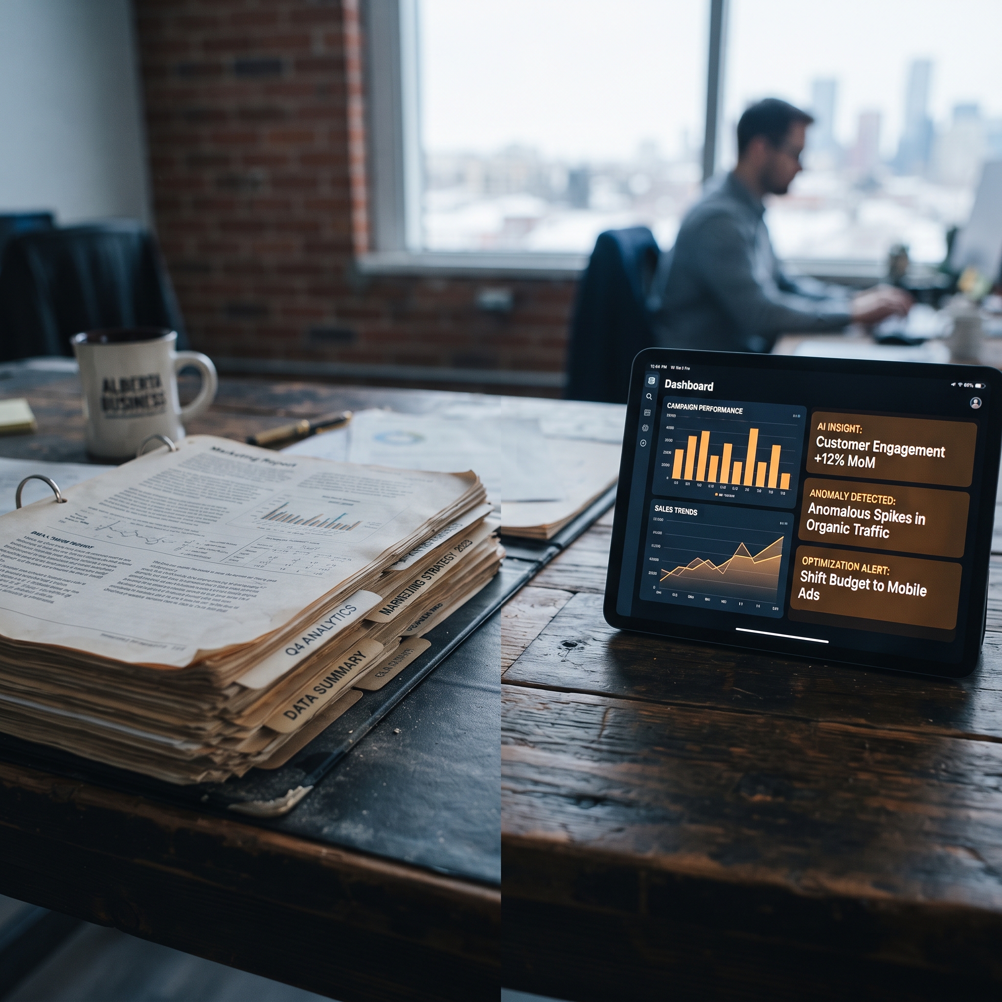 A split composition showing a traditional marketing report binder on the left, thick, dusty, tab... - AI Precision Marketing