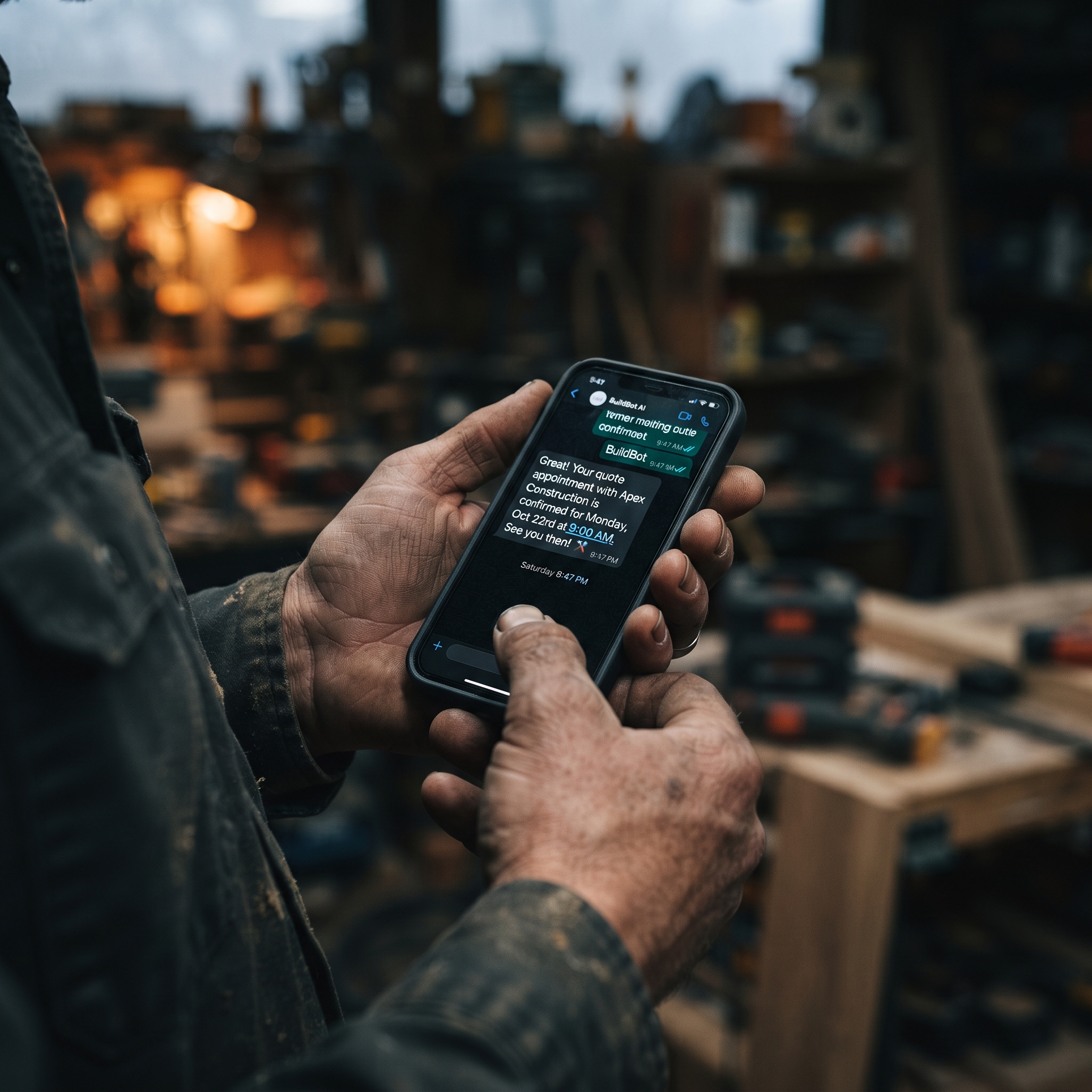 A close-up of a contractor's rough hands holding a smartphone showing a chat conversation, an AI... - AI Precision Marketing