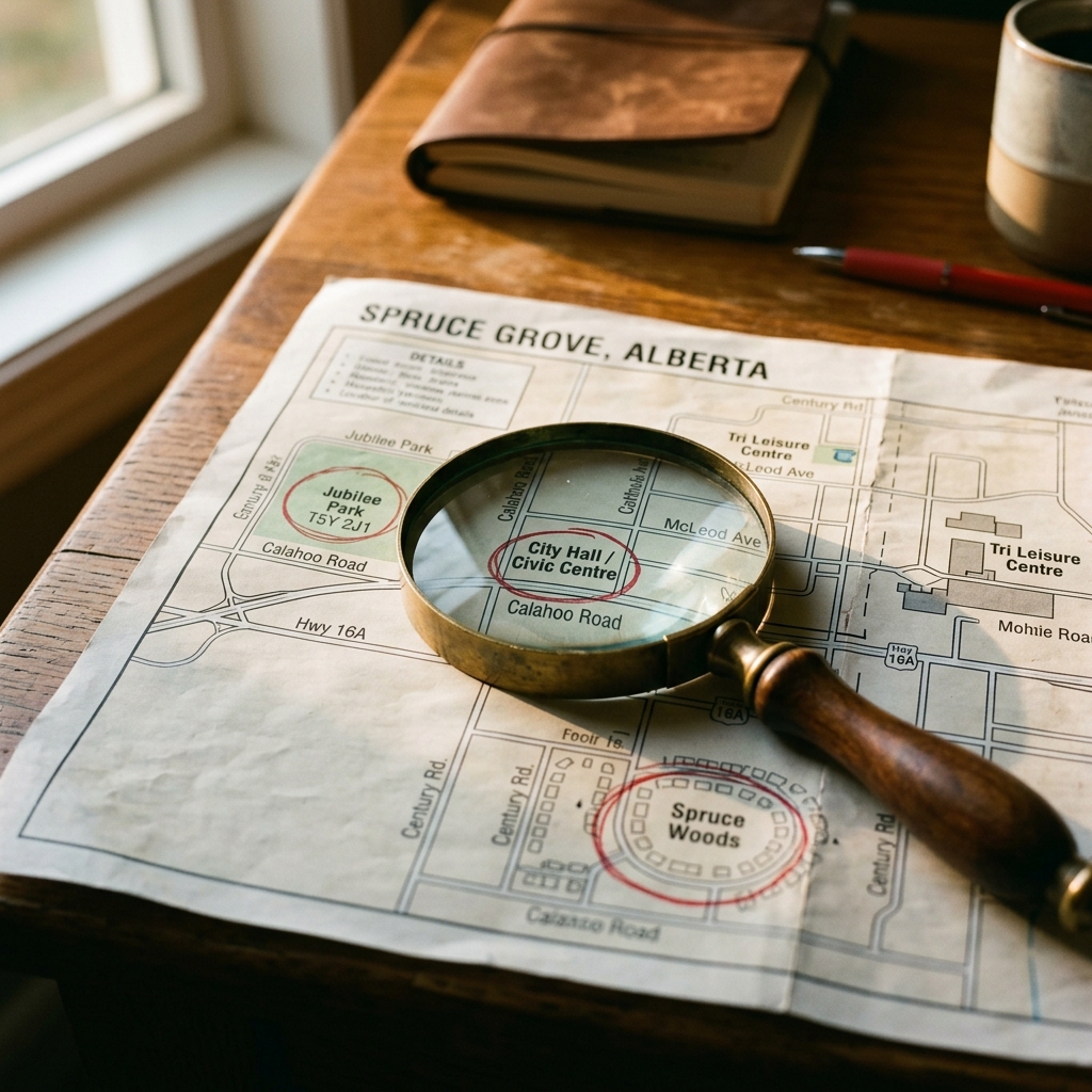 A brass magnifying glass resting on a printed paper map of Spruce Grove, Alberta with three hand-... - AI Precision Marketing
