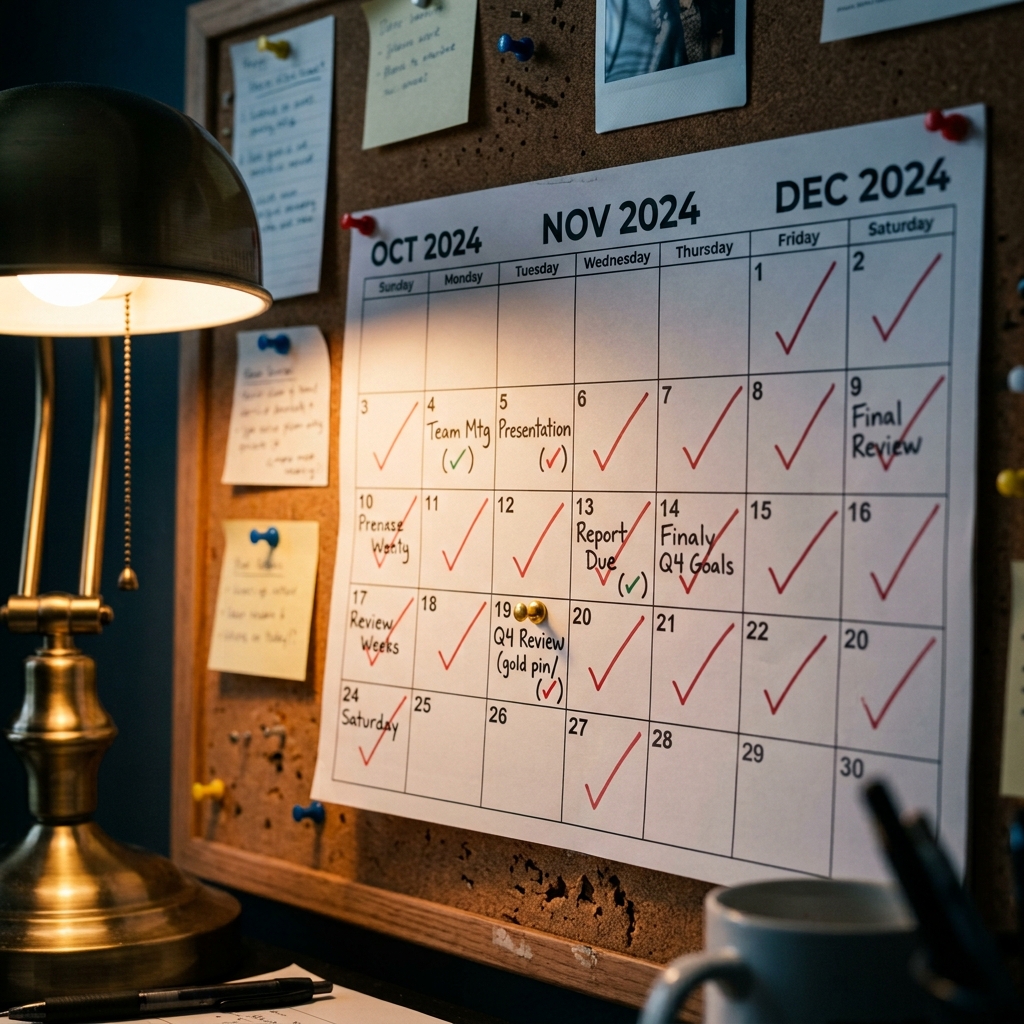 A physical three-month wall calendar pinned to a cork board with handwritten milestones and red c... - AI Precision Marketing