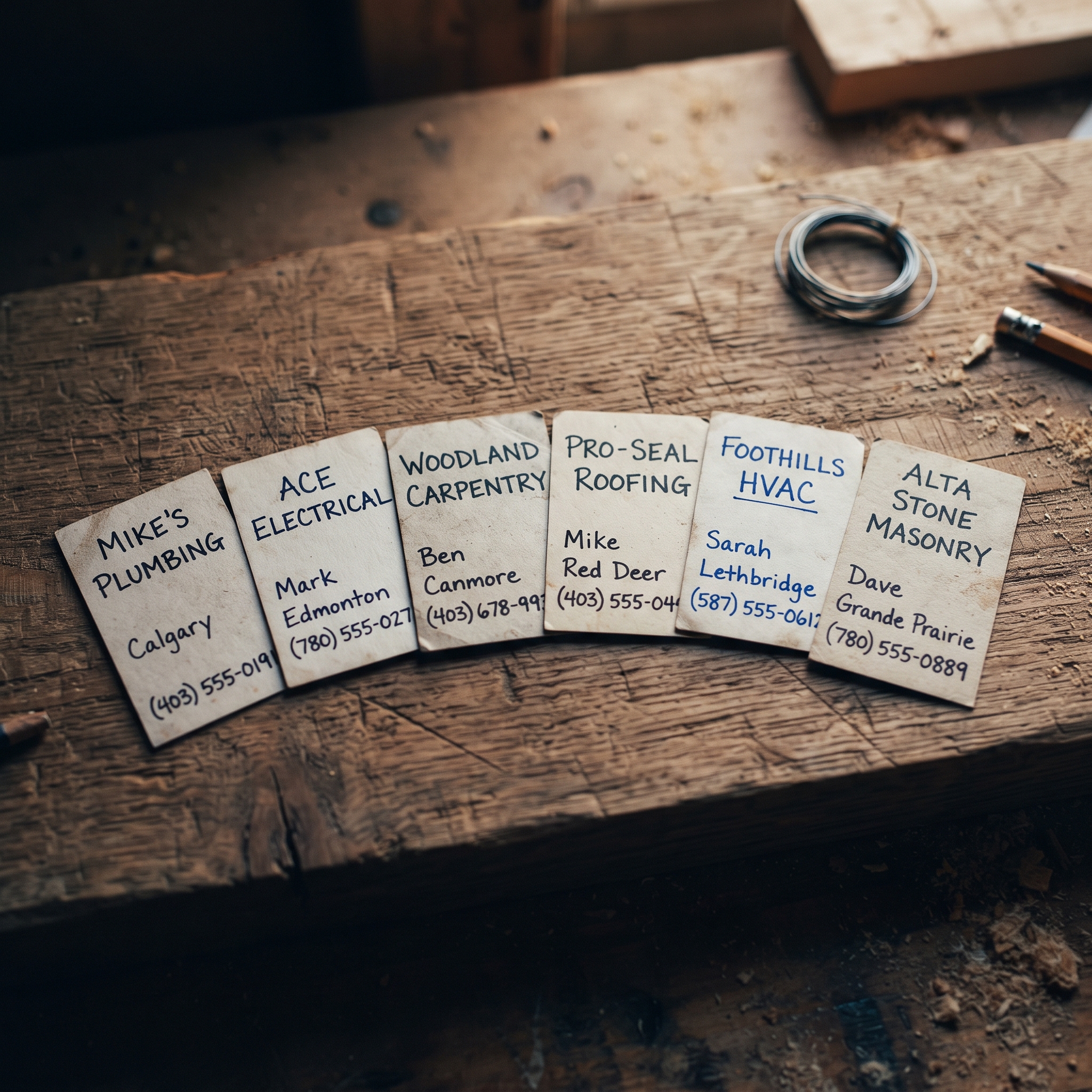 A row of handwritten business cards from local Alberta trades companies fanned out on rough-cut o... - AI Precision Marketing
