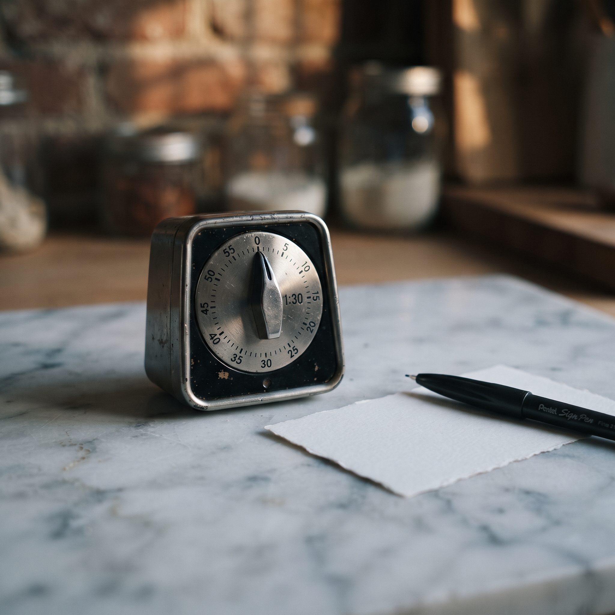 A vintage kitchen timer set to 90 seconds sitting next to a blank white index card and a fine-tip... - AI Precision Marketing