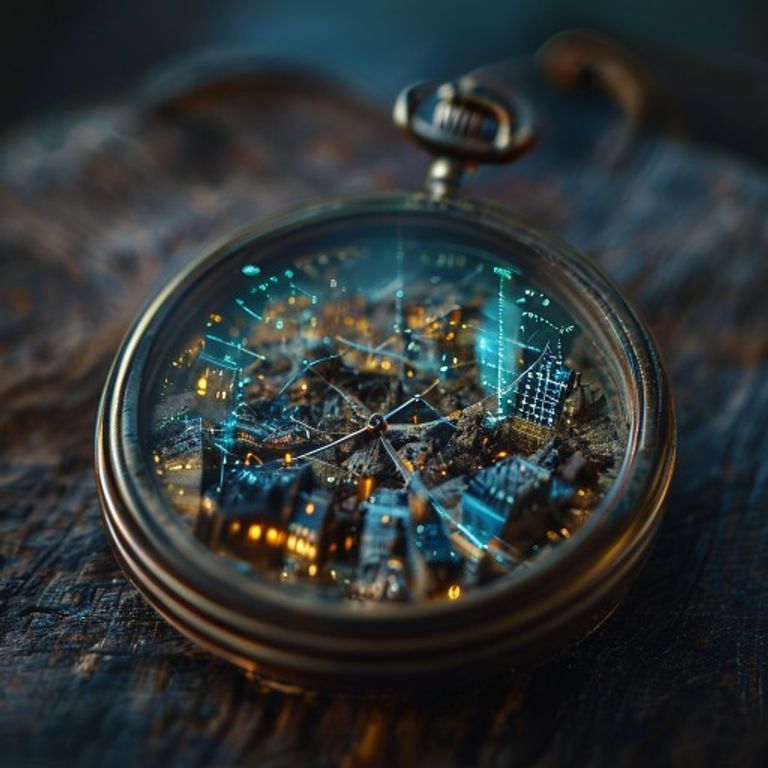 An antique brass pocket watch opened to reveal a miniature cityscape of Stony Plain inside, tiny... - AI Precision Marketing