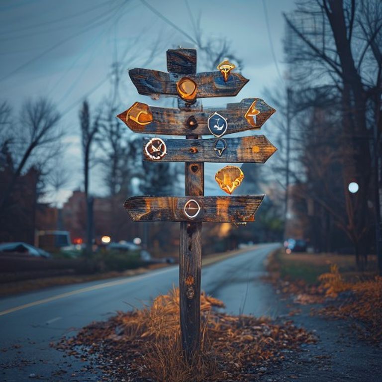 A weathered wooden signpost at a crossroads in Edmonton, each arrow labeled with icons like a mag... - AI Precision Marketing