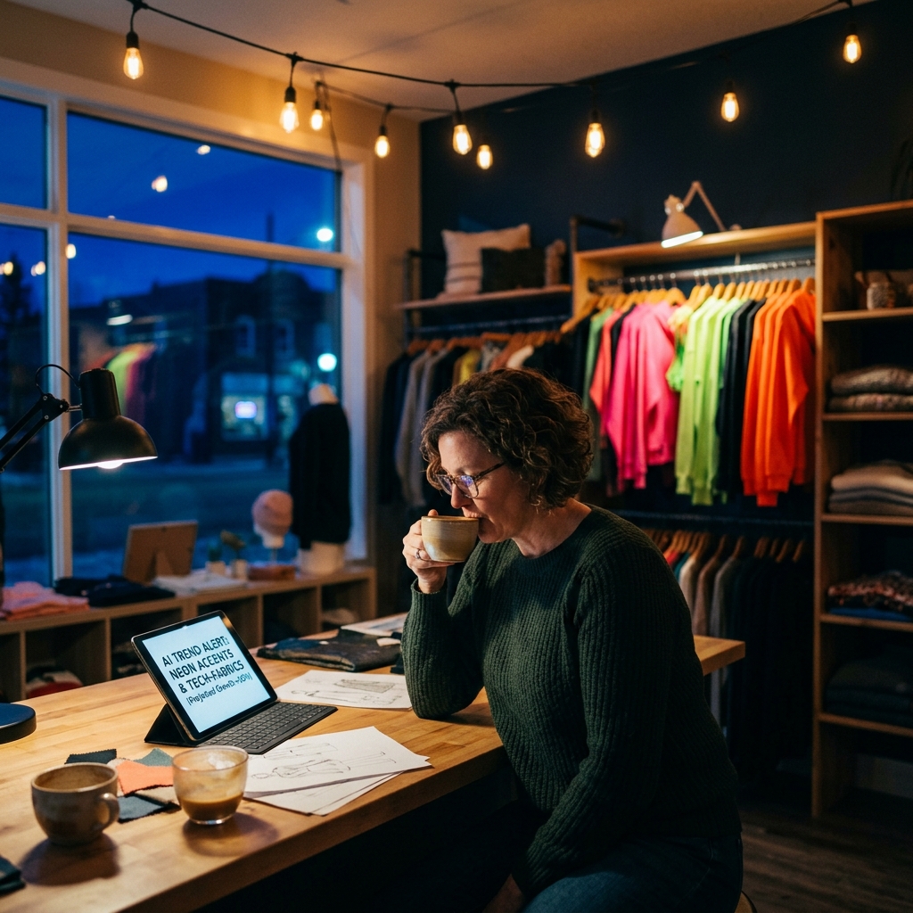 Inside a Stony Plain boutique after hours, a tablet showing AI trend alerts, neon clothing racks,... - AI Precision Marketing