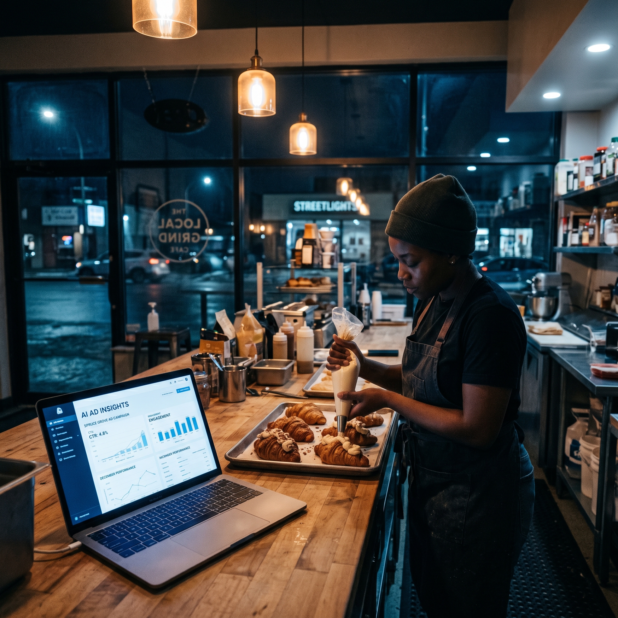 A Spruce Grove café kitchen at night, a laptop displaying AI ad insights, barista preparing pastr... - AI Precision Marketing