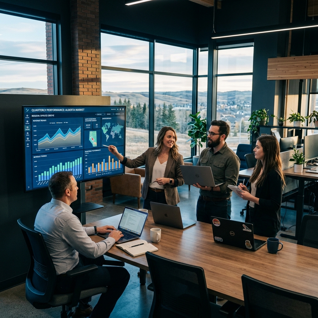 A modern office in Spruce Grove showing an analytics dashboard on a large screen, team members co... - AI Precision Marketing