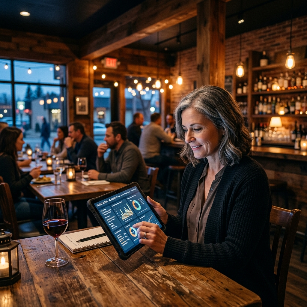 A restaurant owner in Stony Plain using a tablet to view AI-generated insights about local custom... - AI Precision Marketing
