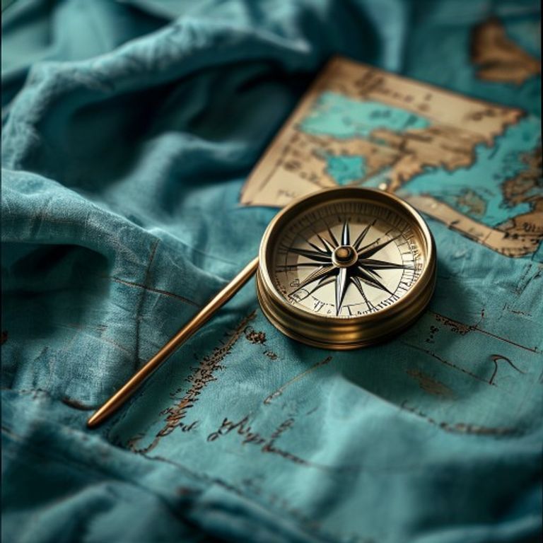 A brass compass sitting on a teal‑blue linen napkin beside a handwritten map of Stony Plain, the... - AI Precision Marketing