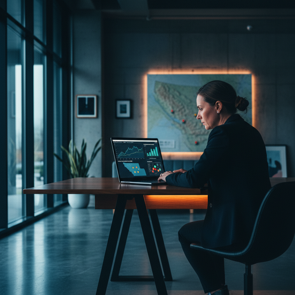 An AI marketing consultant in a modern office, deep in thought, looking at a laptop screen displa... - AI Precision Marketing