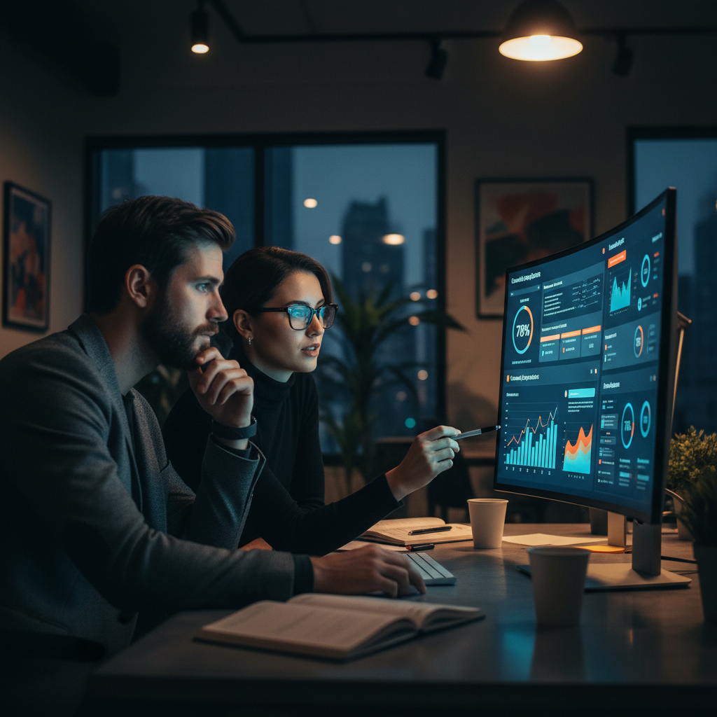 A web designer and an AI specialist reviewing a website's performance metrics on a large monitor... - AI Precision Marketing