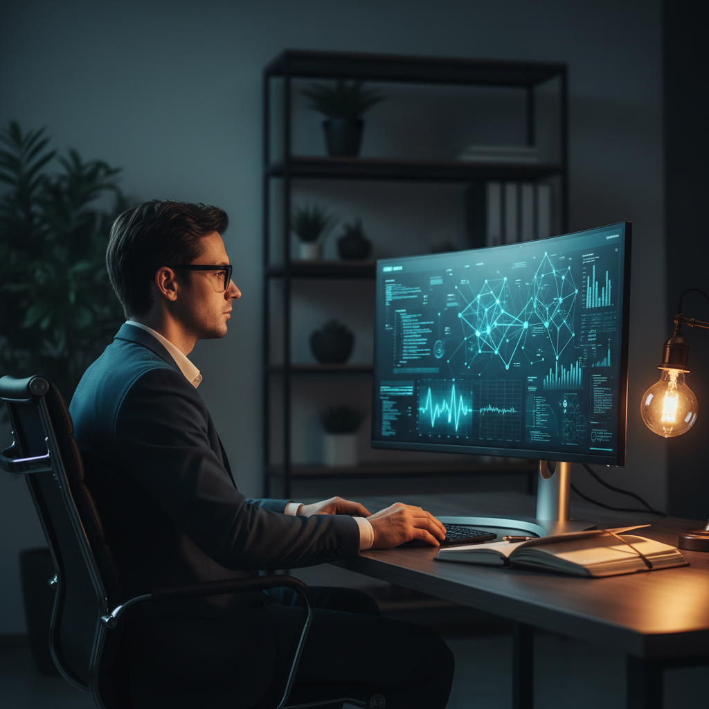 A marketing consultant in a modern, dark-themed office, looking at a large monitor displaying an... - AI Precision Marketing